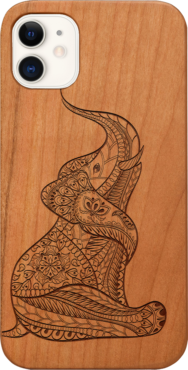 Baby Elephant Engraved wooden phone case showcasing intricate elephant design and natural wood finish.