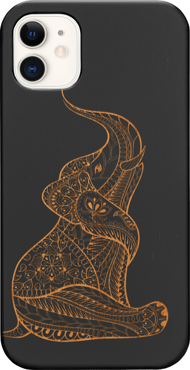 Baby Elephant Engraved wooden phone case showcasing intricate elephant design and natural wood finish.