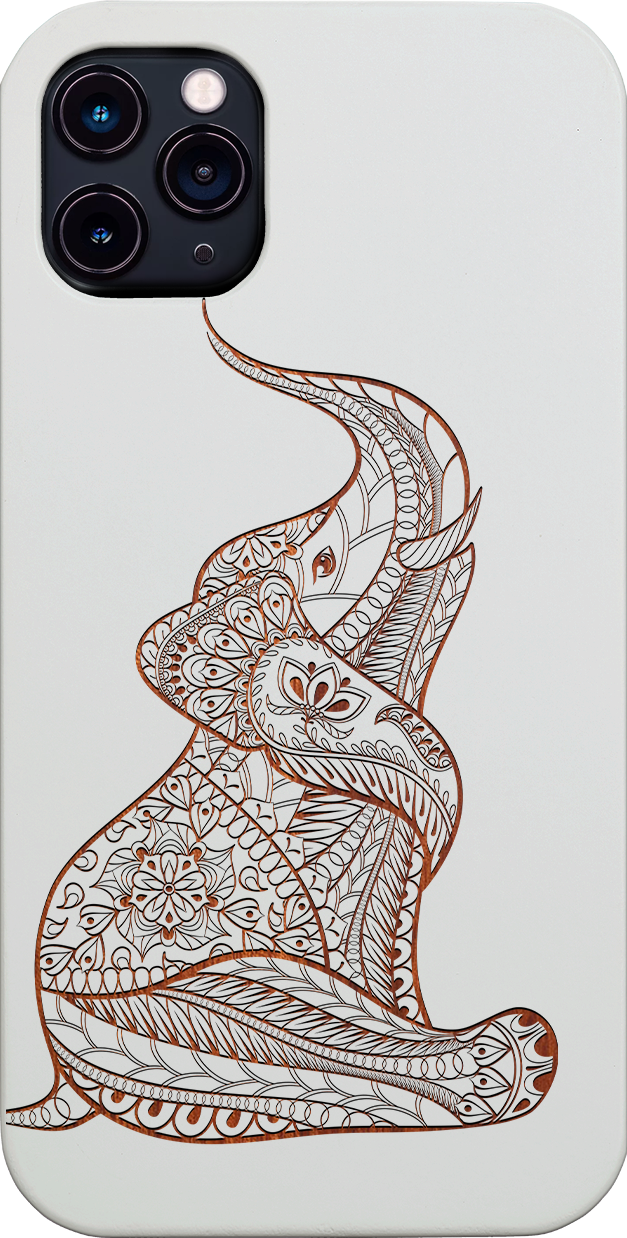 Baby Elephant Engraved wooden phone case showcasing intricate elephant design and natural wood finish.