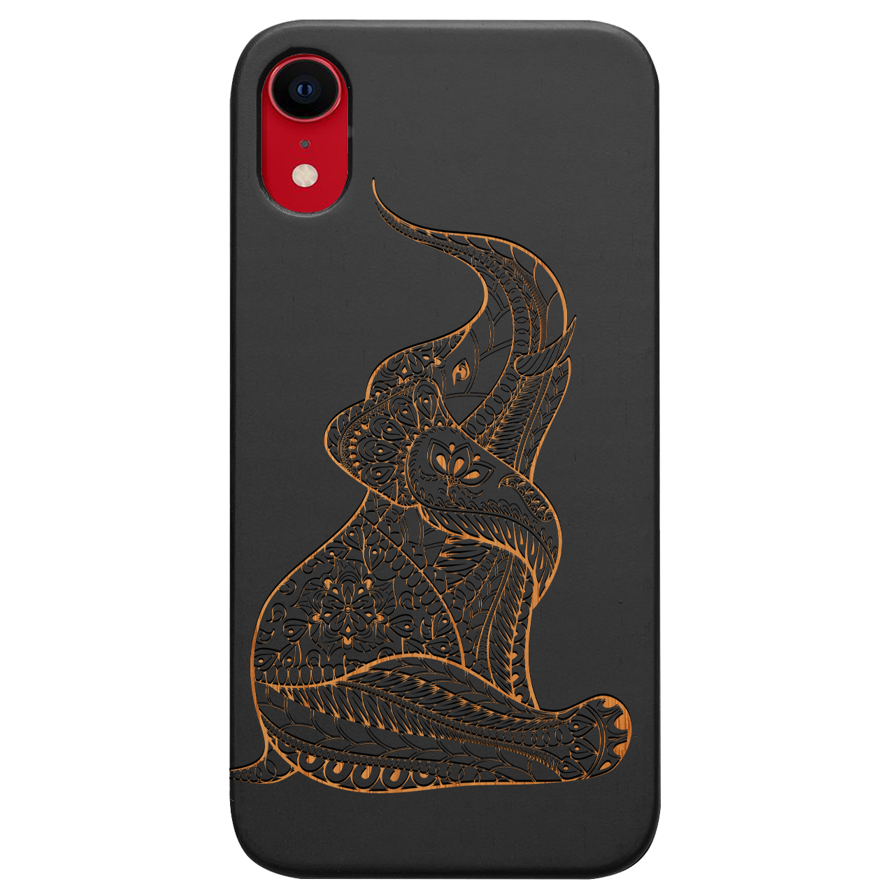 Baby Elephant Engraved wooden phone case showcasing intricate elephant design and natural wood finish.
