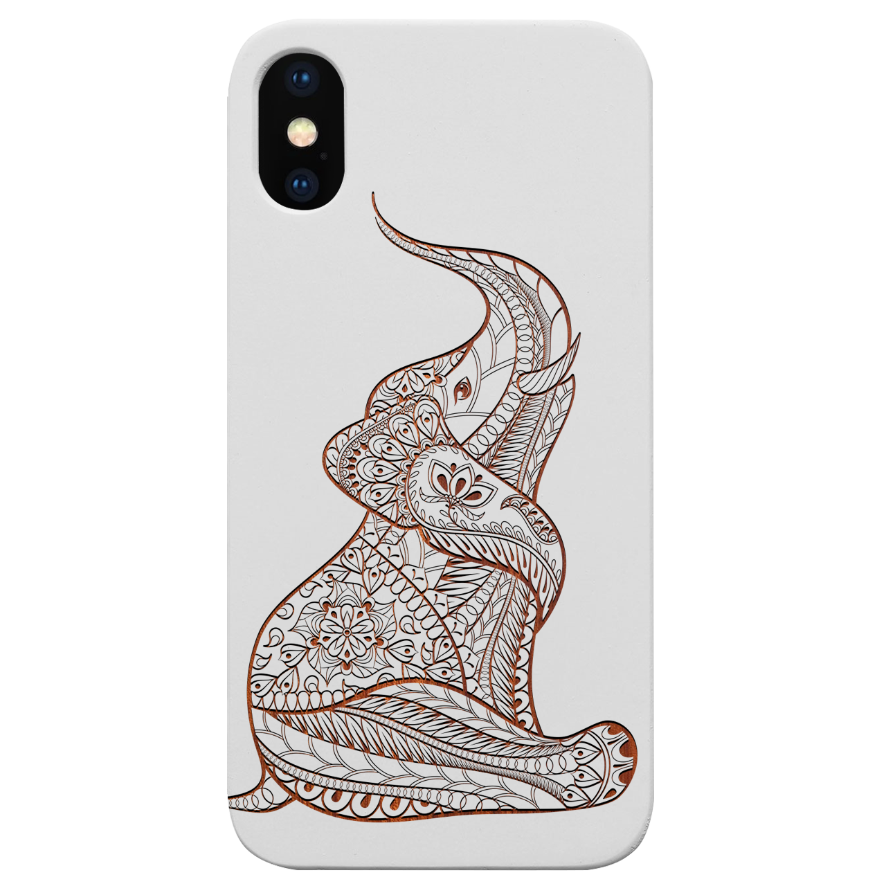 Baby Elephant Engraved wooden phone case showcasing intricate elephant design and natural wood finish.