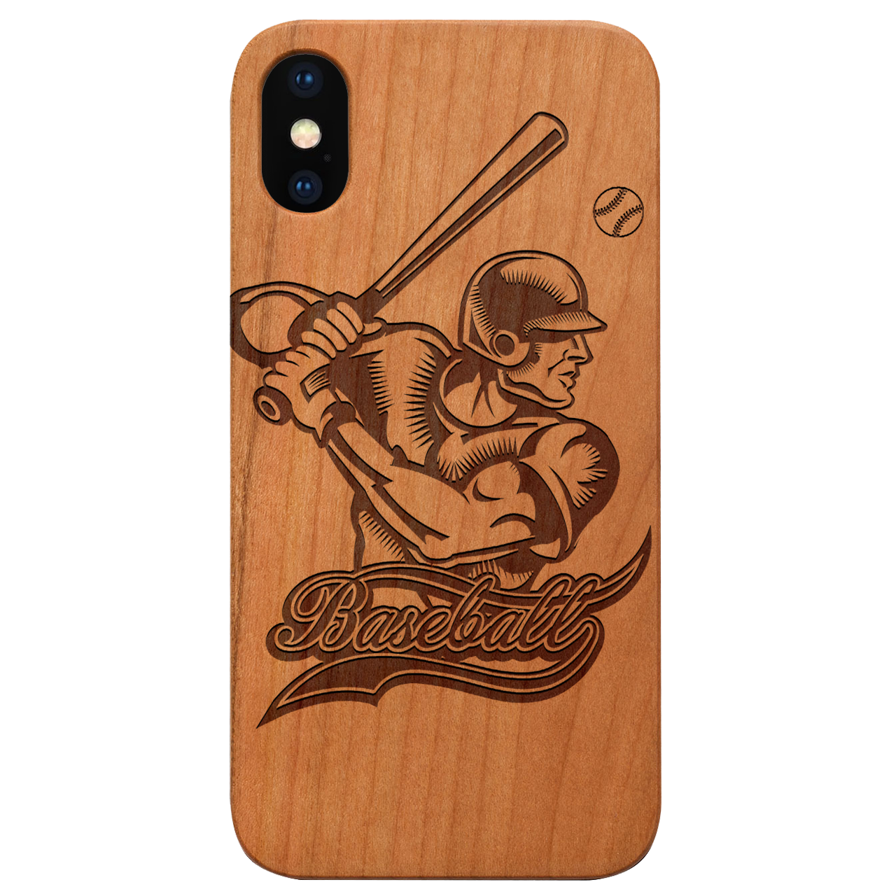 Engraved wooden phone case featuring a baseball player design, showcasing natural wood texture and durable construction.
