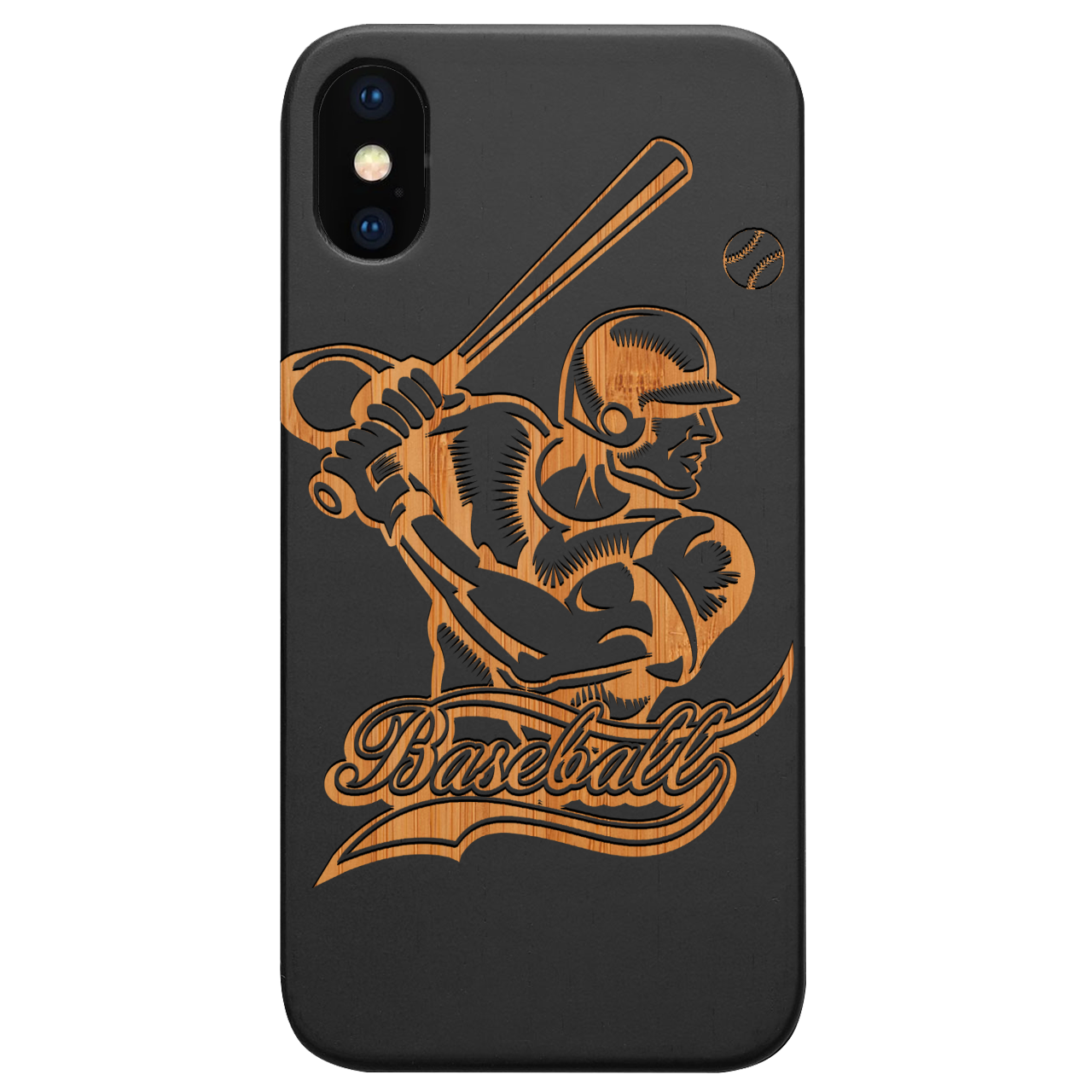 Engraved wooden phone case featuring a baseball player design, showcasing natural wood texture and durable construction.
