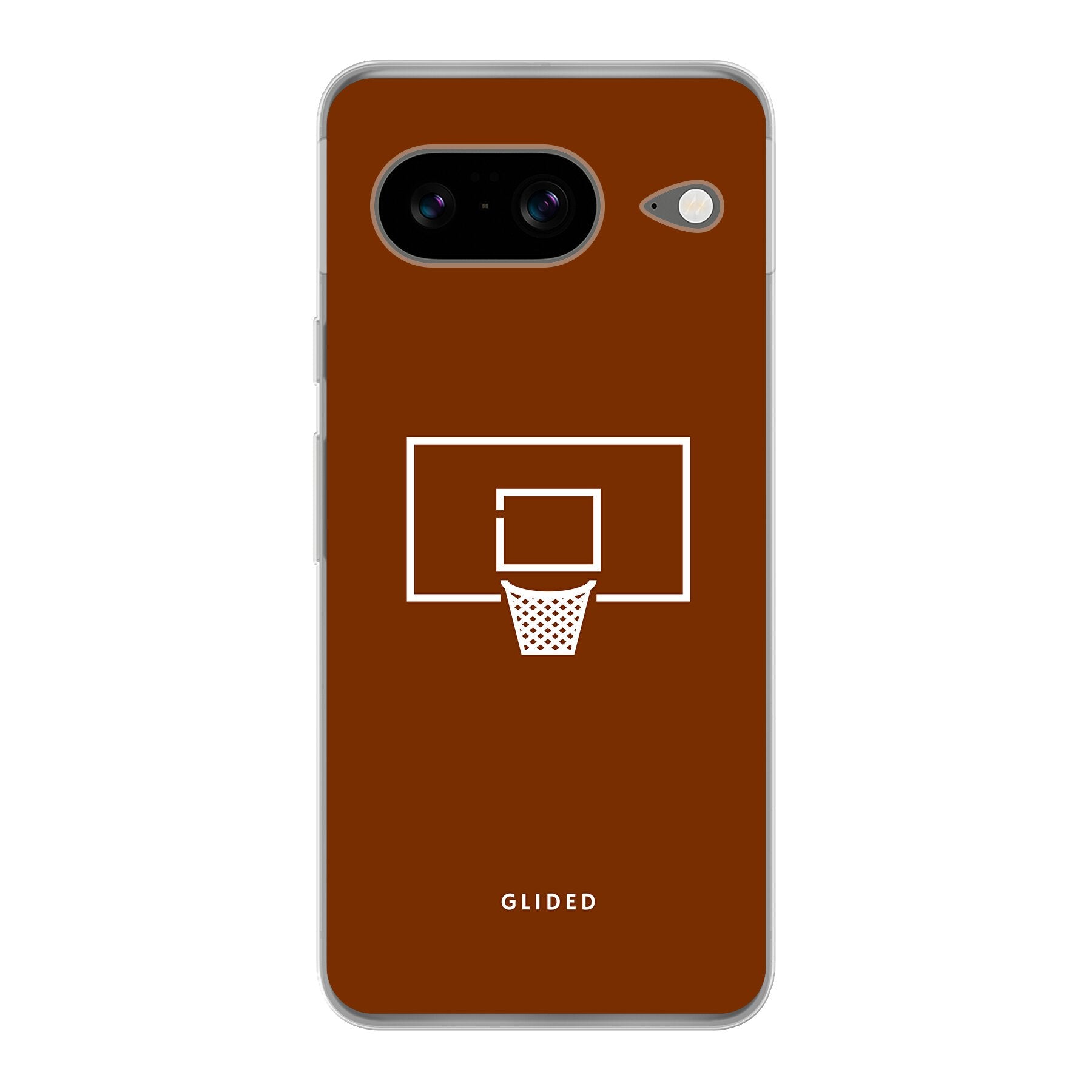 Basket Blaze Handyhülle für Google Pixel 8 mit lebendigem Basketballnetz auf orangefarbenem Hintergrund, ideal für Basketball-Fans.