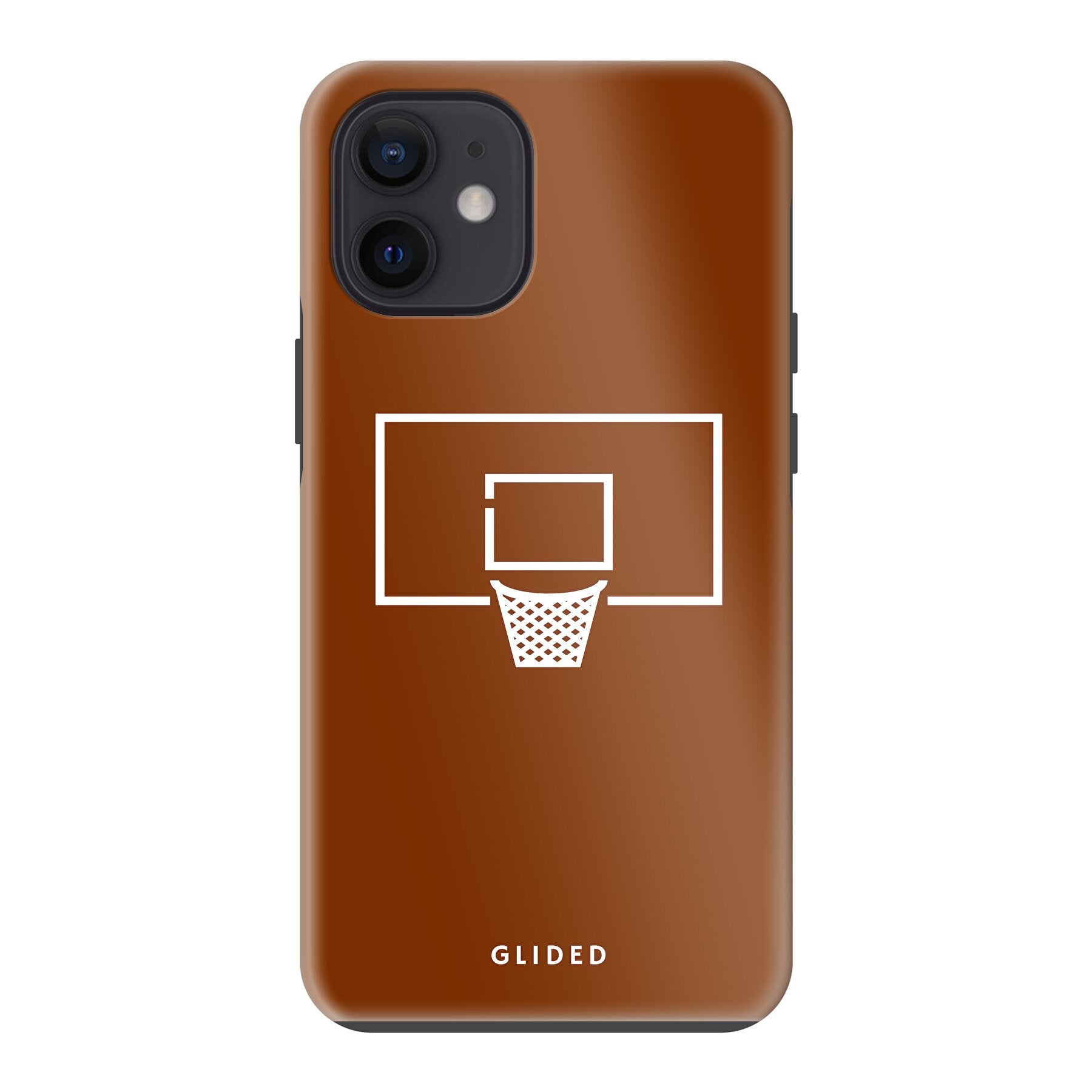 Basket Blaze Handyhülle für iPhone 12 mini mit lebendigem Basketballnetz auf orangefarbenem Hintergrund, ideal für Basketball-Fans.