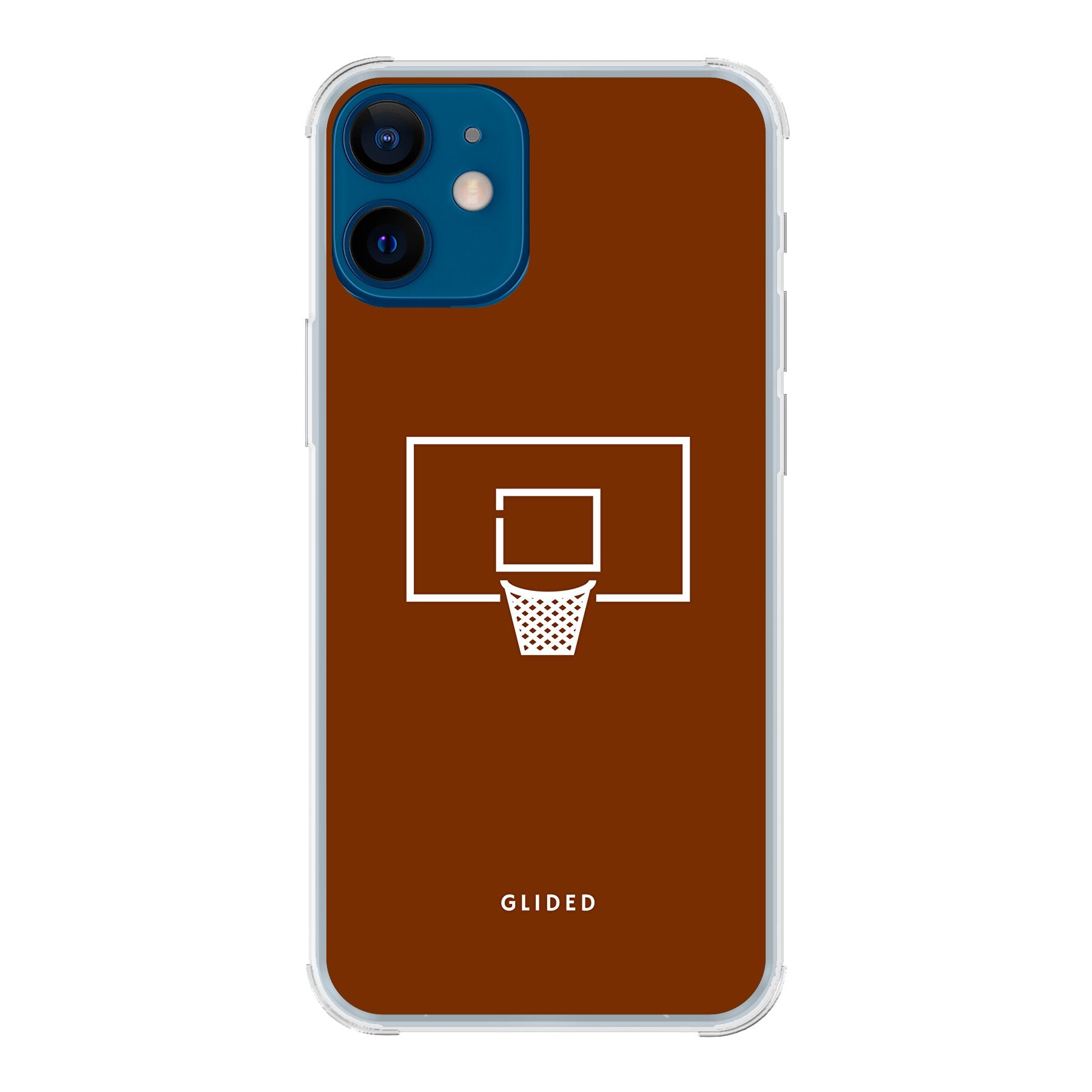Basket Blaze Handyhülle für iPhone 12 mini mit lebendigem Basketballnetz auf orangefarbenem Hintergrund, ideal für Basketball-Fans.