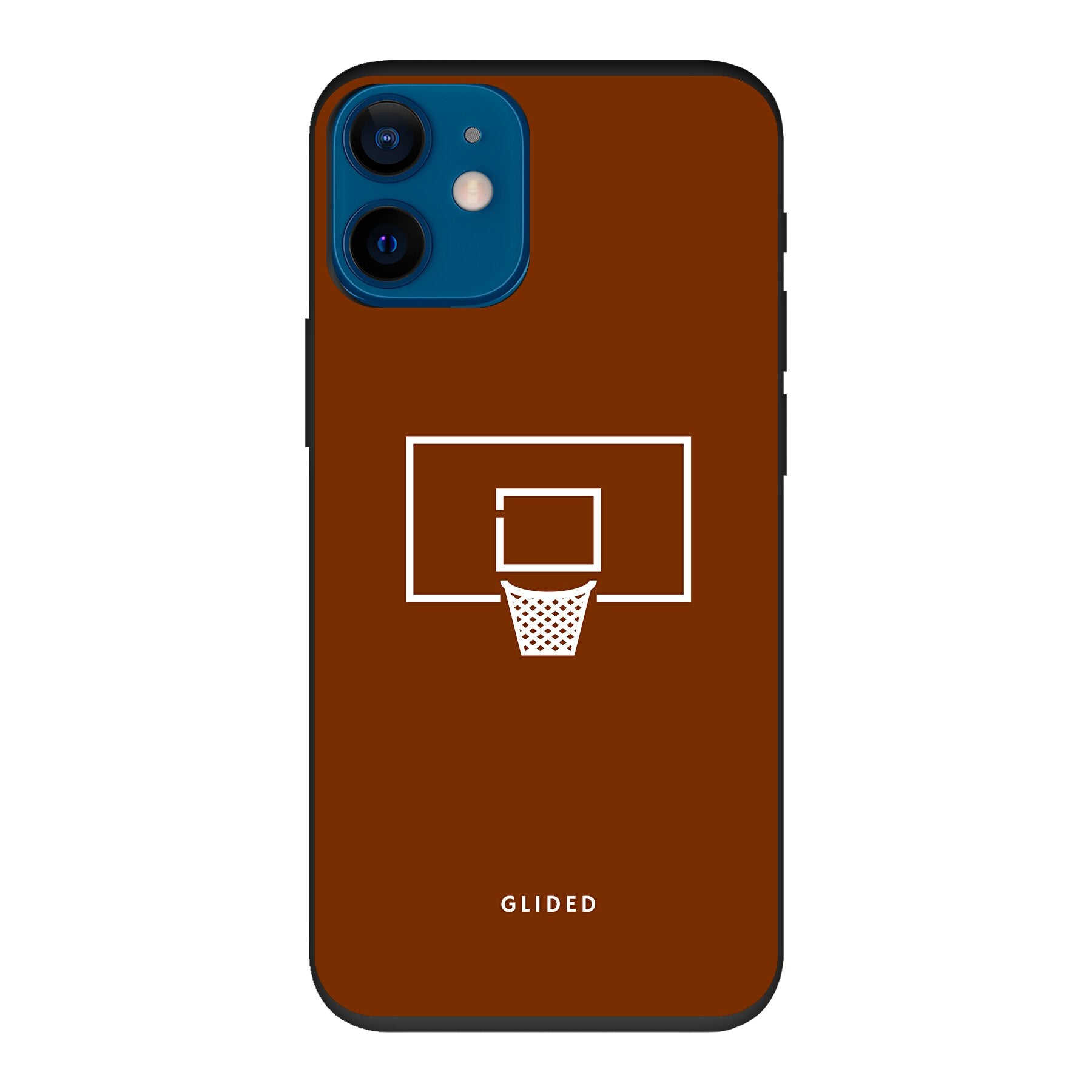 Basket Blaze Handyhülle für iPhone 12 mini mit lebendigem Basketballnetz auf orangefarbenem Hintergrund, ideal für Basketball-Fans.