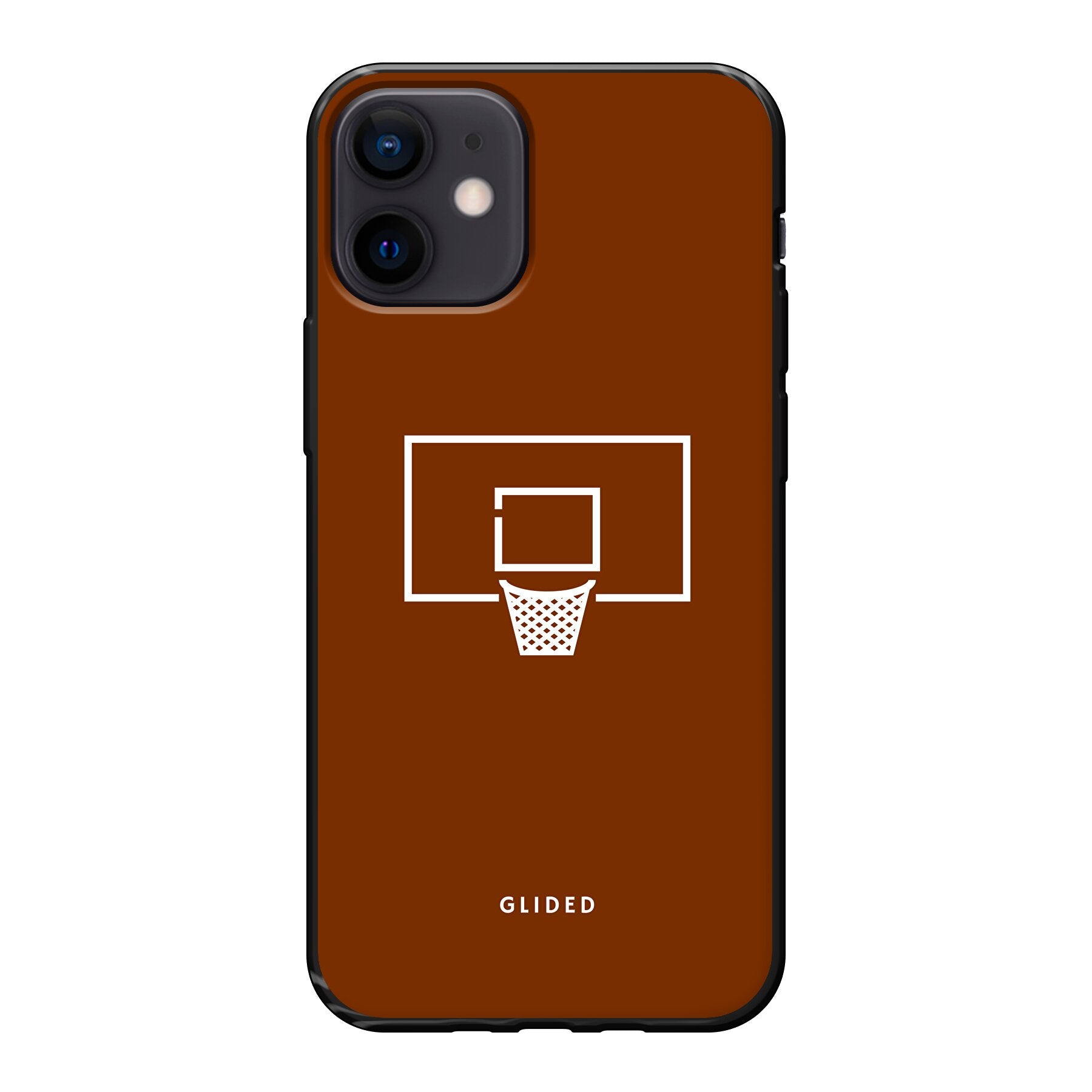 Basket Blaze Handyhülle für iPhone 12 mini mit lebendigem Basketballnetz auf orangefarbenem Hintergrund, ideal für Basketball-Fans.