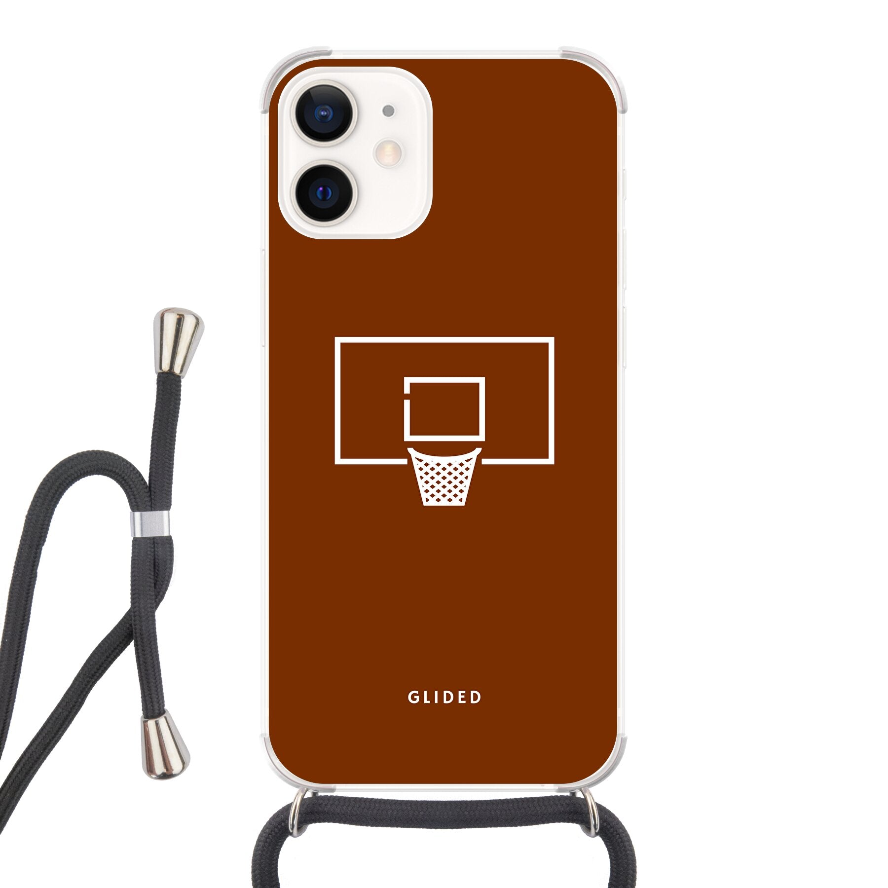 Basket Blaze Handyhülle für iPhone 12 mini mit lebendigem Basketballnetz auf orangefarbenem Hintergrund, ideal für Basketball-Fans.