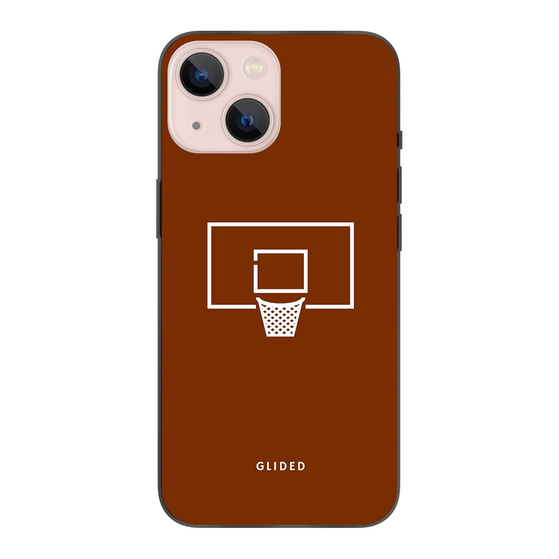 Basket Blaze iPhone 13 Handyhülle mit lebendigem Basketballnetz-Design auf leuchtend orangefarbenem Hintergrund.