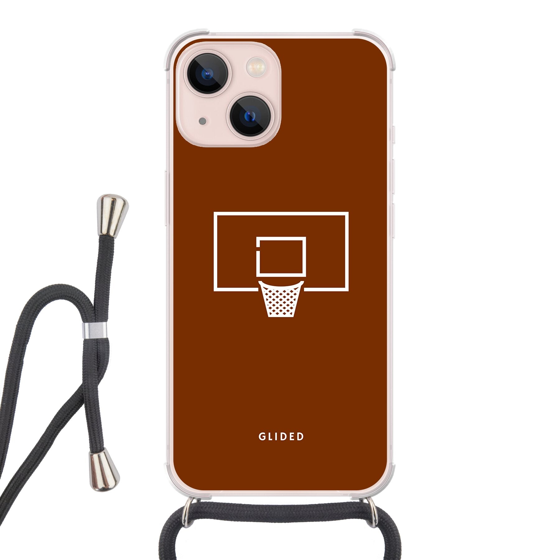 Basket Blaze iPhone 13 Handyhülle mit lebendigem Basketballnetz-Design auf leuchtend orangefarbenem Hintergrund.