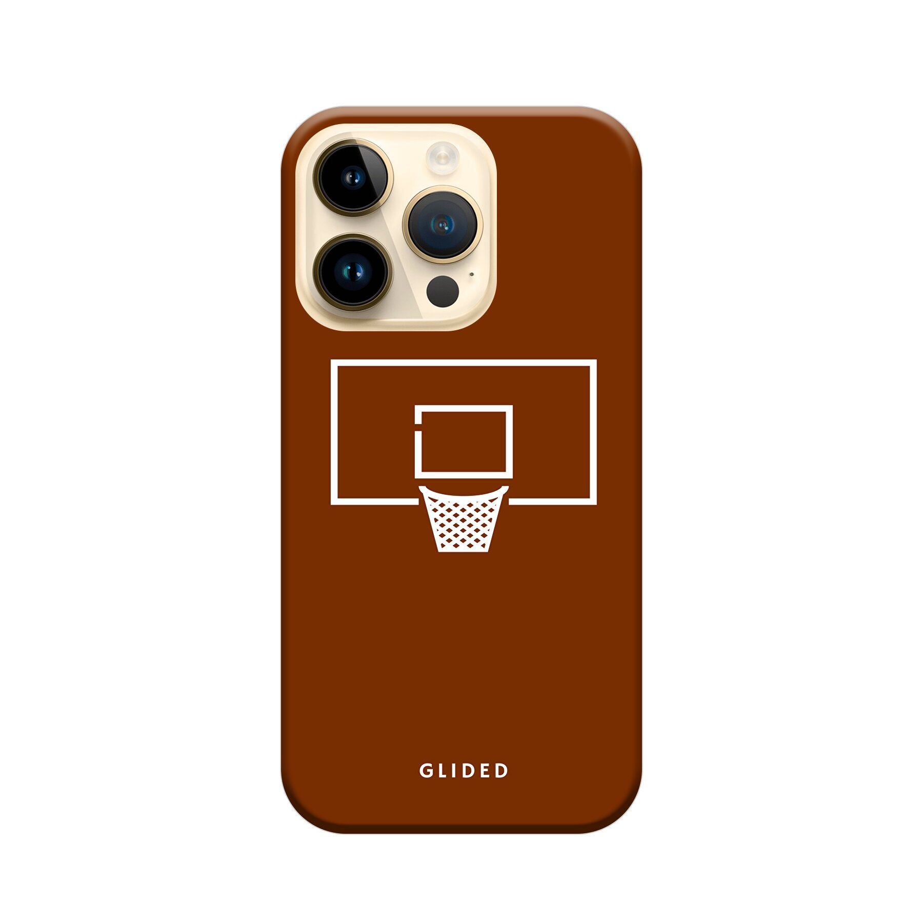 Basket Blaze iPhone 14 Pro Handyhülle mit lebendigem Basketballnetz-Design auf orangefarbenem Hintergrund.