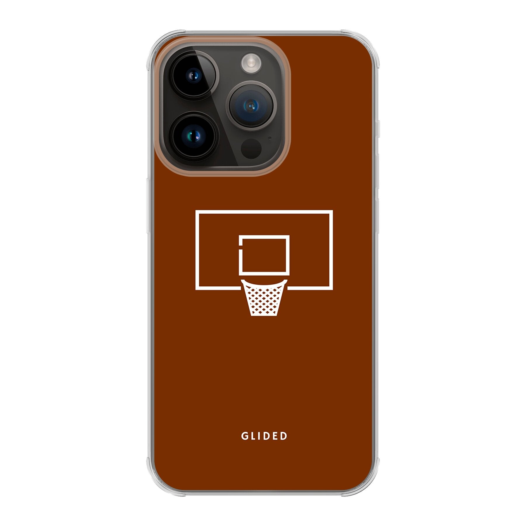 Basket Blaze iPhone 14 Pro Handyhülle mit lebendigem Basketballnetz-Design auf orangefarbenem Hintergrund.