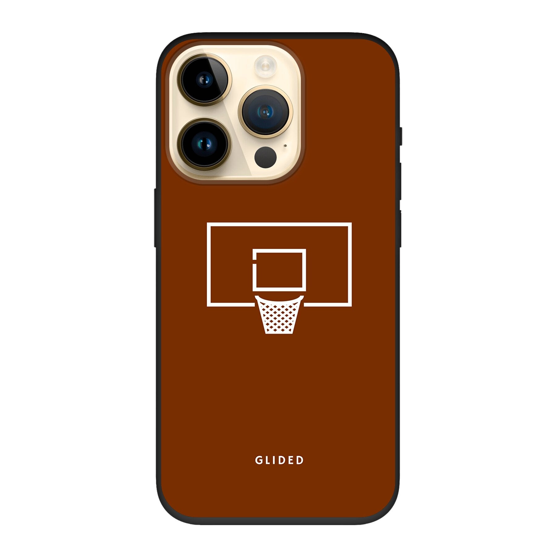 Basket Blaze iPhone 14 Pro Handyhülle mit lebendigem Basketballnetz-Design auf orangefarbenem Hintergrund.