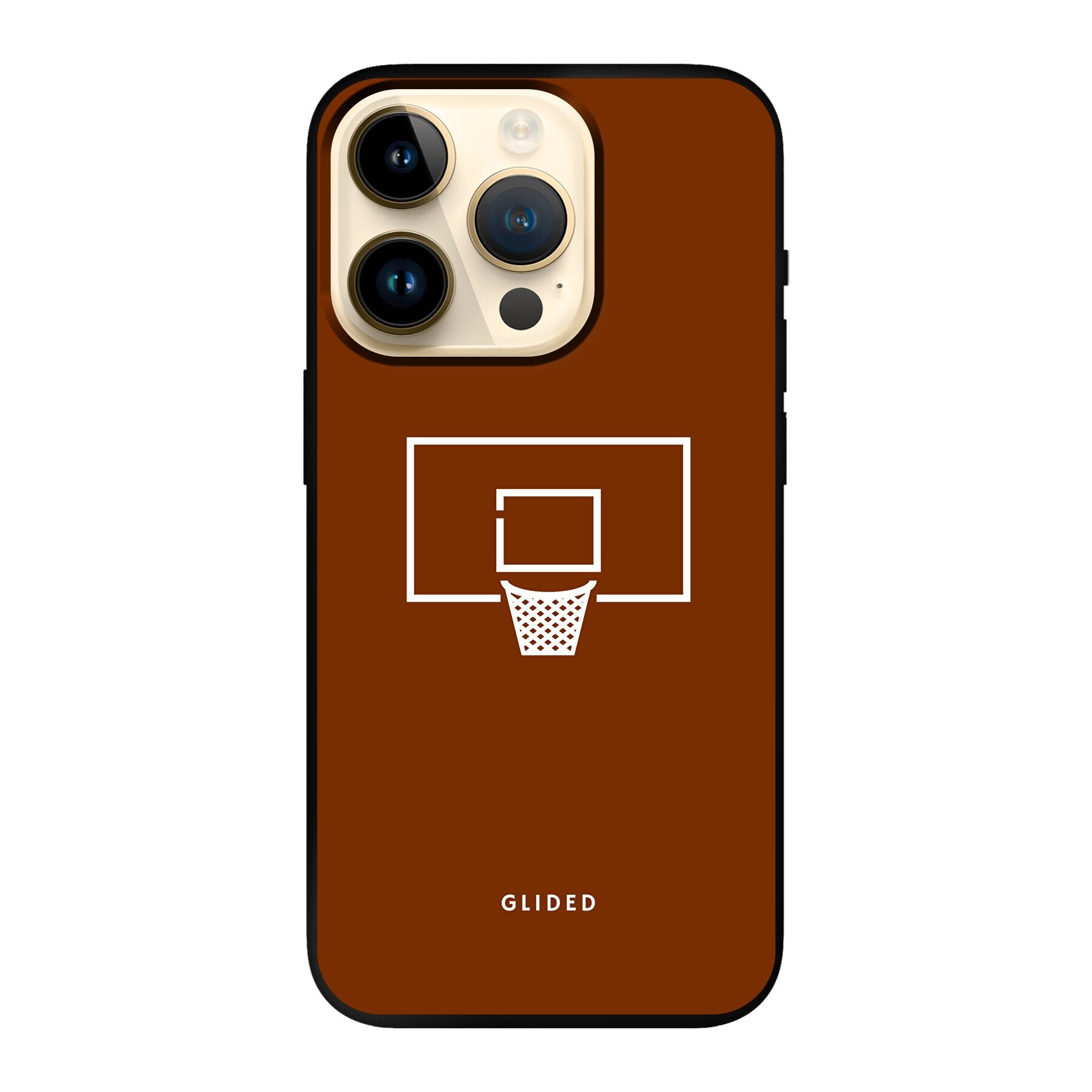 Basket Blaze iPhone 14 Pro Handyhülle mit lebendigem Basketballnetz-Design auf orangefarbenem Hintergrund.