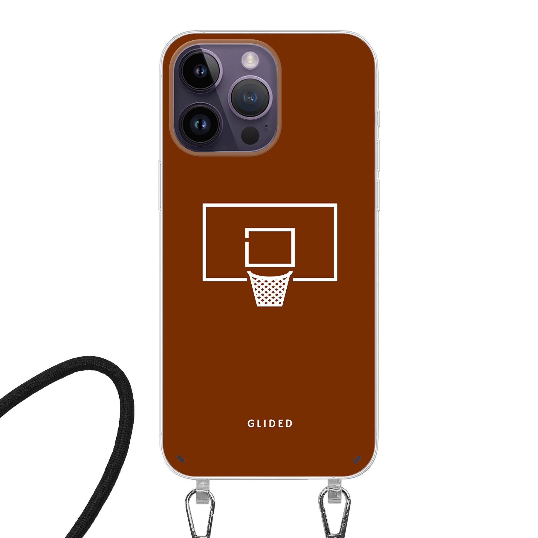 Basket Blaze iPhone 14 Pro Handyhülle mit lebendigem Basketballnetz-Design auf orangefarbenem Hintergrund.