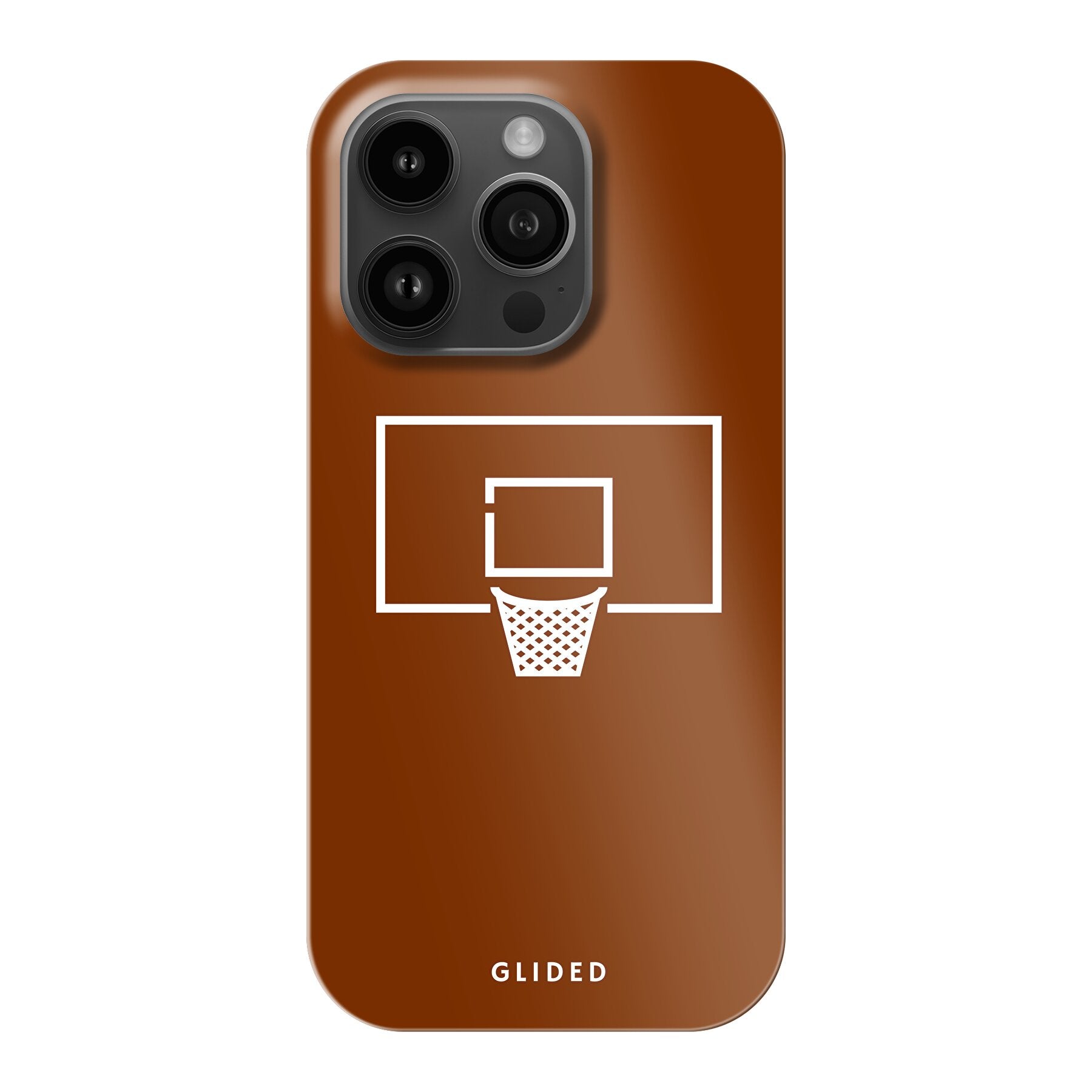 Basket Blaze iPhone 14 Pro Handyhülle mit lebendigem Basketballnetz-Design auf orangefarbenem Hintergrund.
