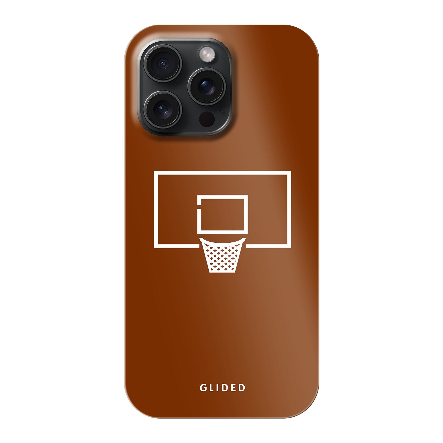 Basket Blaze Handyhülle für iPhone 15 Pro Max mit lebendigem Basketballnetz auf orangefarbenem Hintergrund.