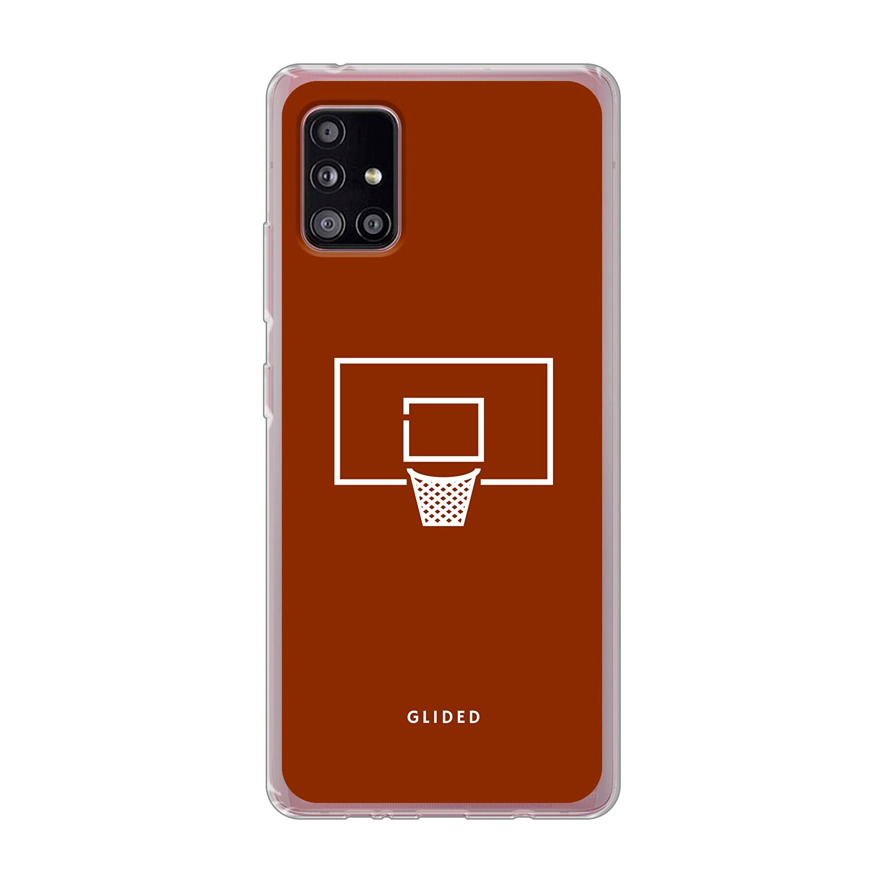 Basket Blaze Handyhülle für Samsung Galaxy A51 5G mit lebendigem Basketballnetz auf orangefarbenem Hintergrund.