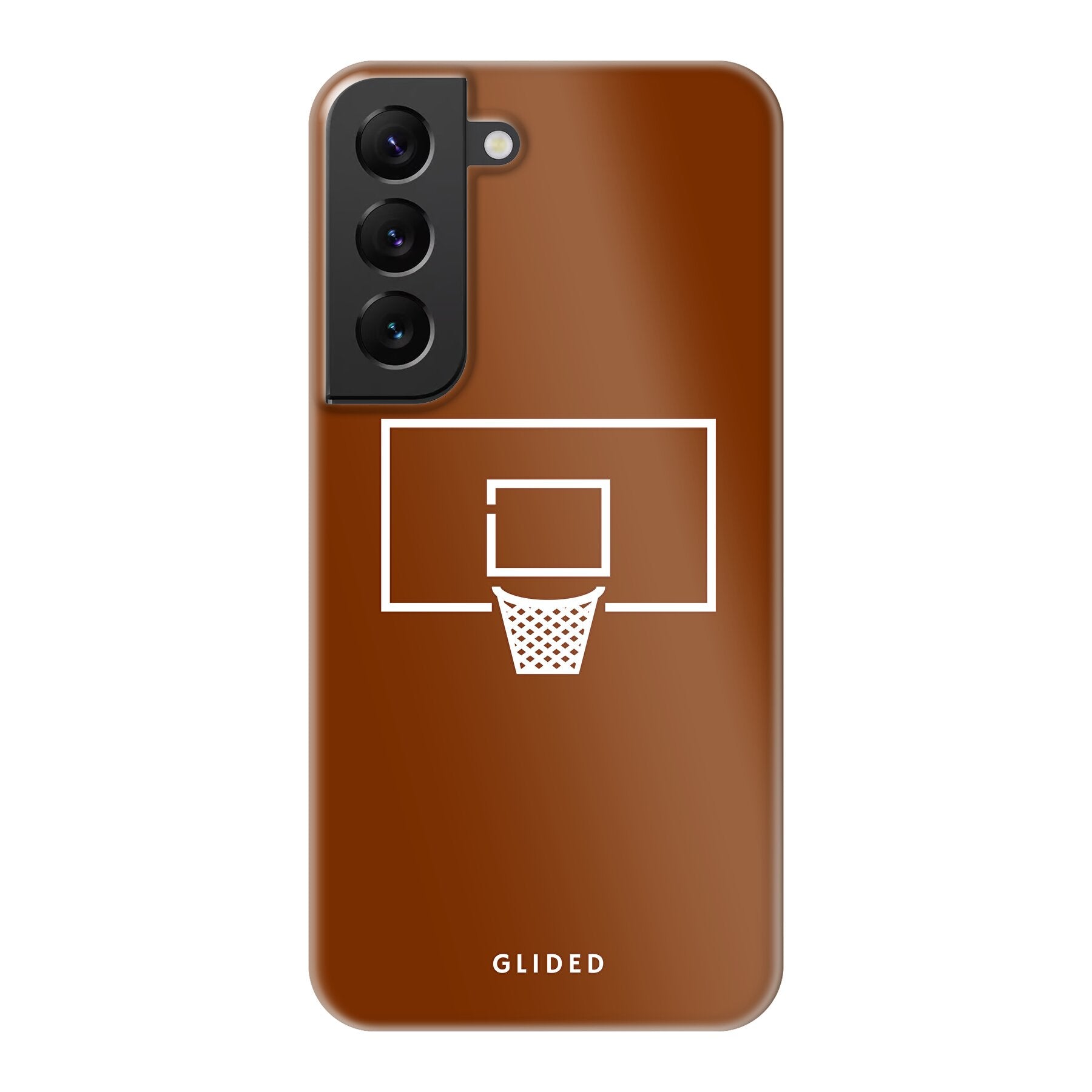 Basket Blaze Handyhülle für Samsung Galaxy S22 mit lebendigem Basketballnetz auf orangefarbenem Hintergrund.