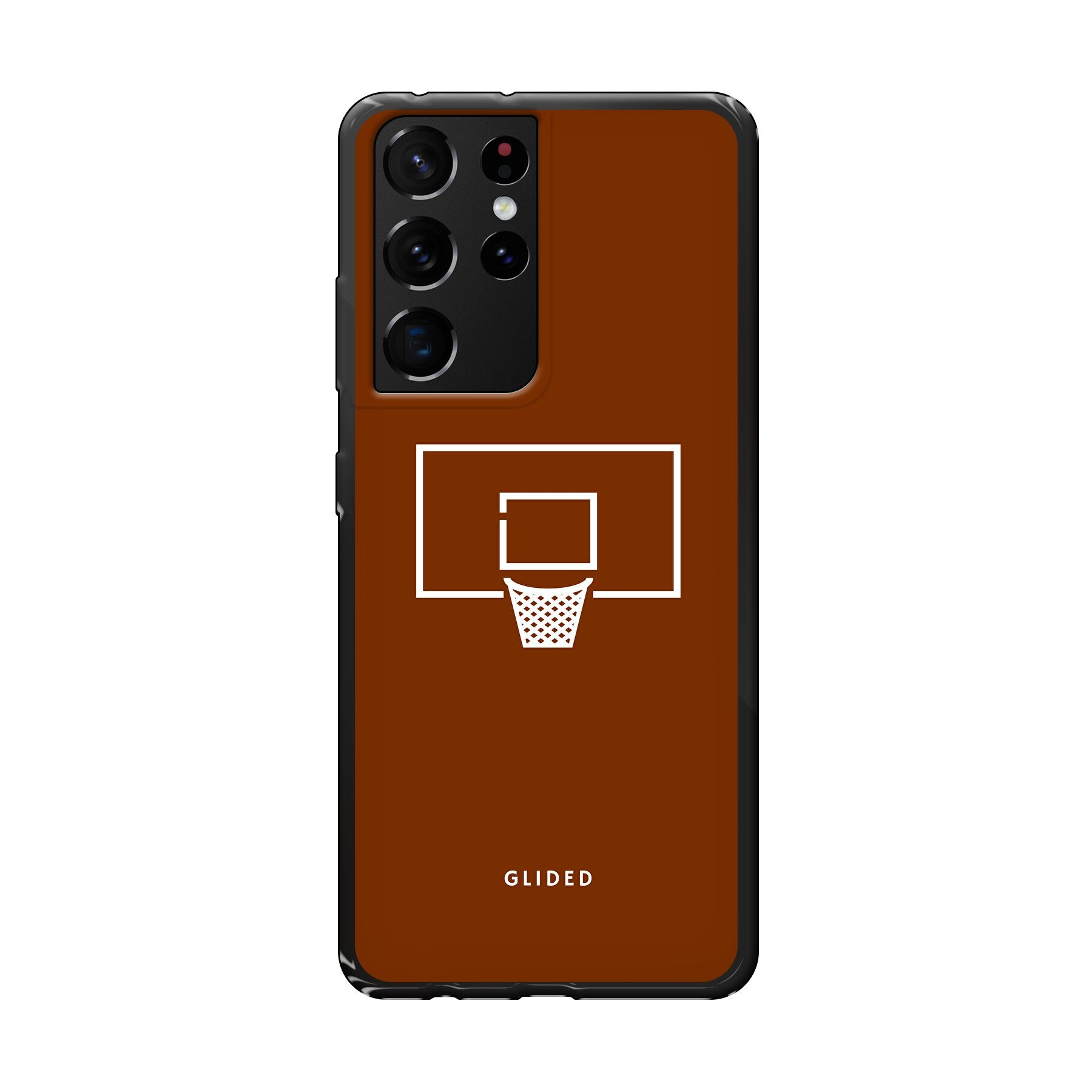 Basket Blaze Handyhülle für Samsung Galaxy S21 Ultra 5G mit lebendigem Basketballnetz-Design auf orangefarbenem Hintergrund.