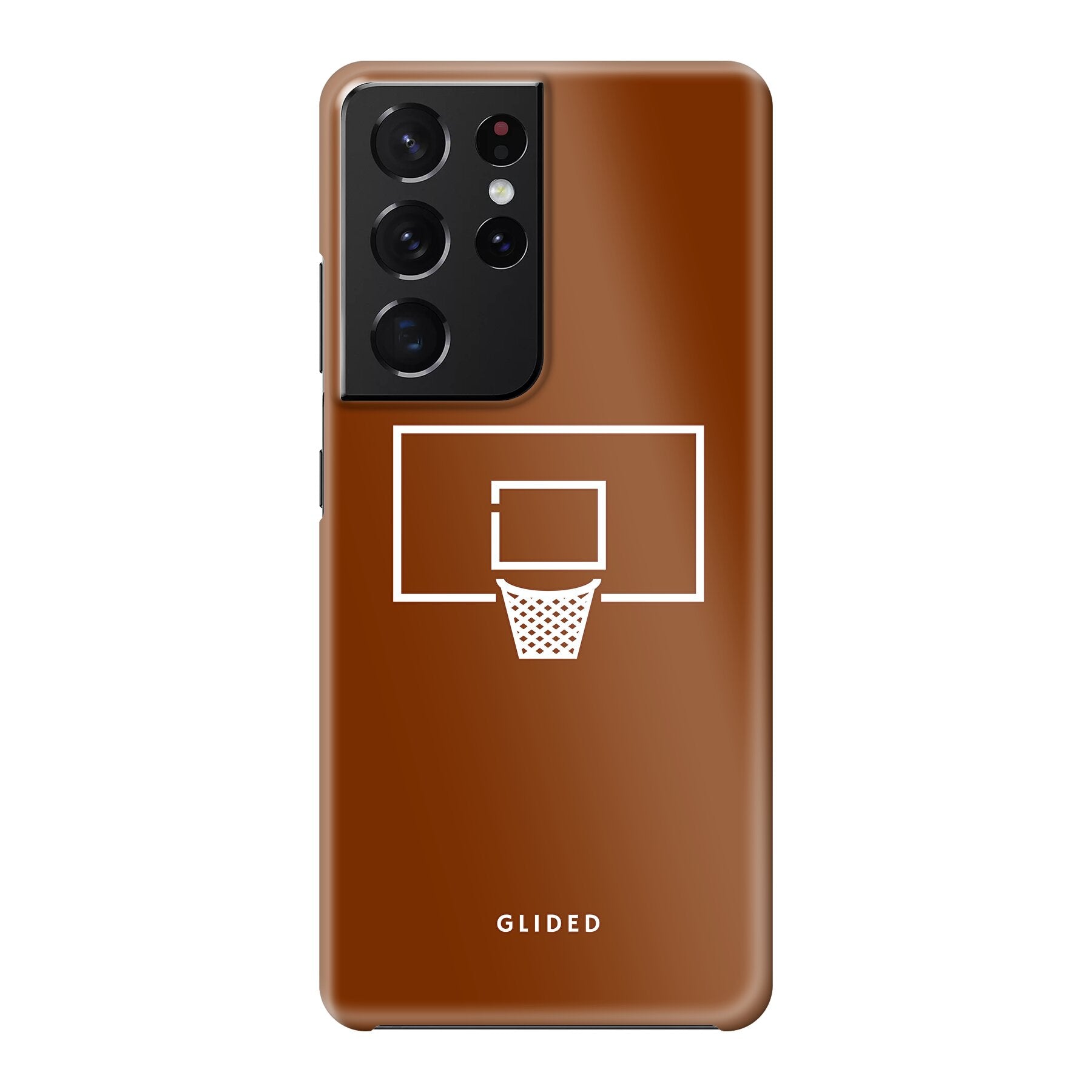 Basket Blaze Handyhülle für Samsung Galaxy S21 Ultra 5G mit lebendigem Basketballnetz-Design auf orangefarbenem Hintergrund.