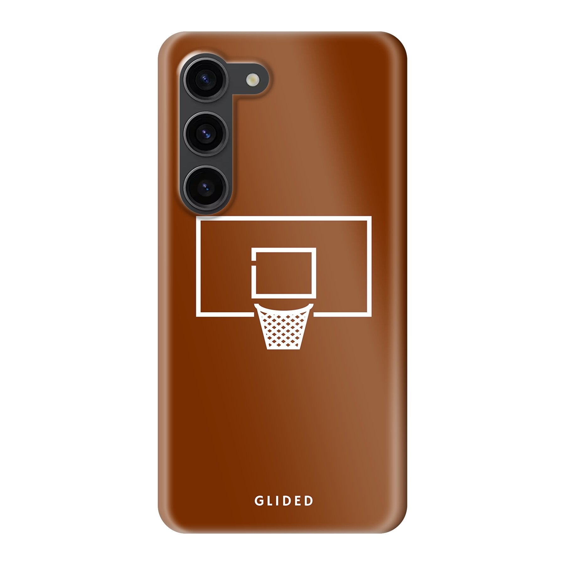 Basket Blaze Handyhülle für Samsung Galaxy S23 mit lebendigem Basketballnetz-Design auf orangefarbenem Hintergrund.
