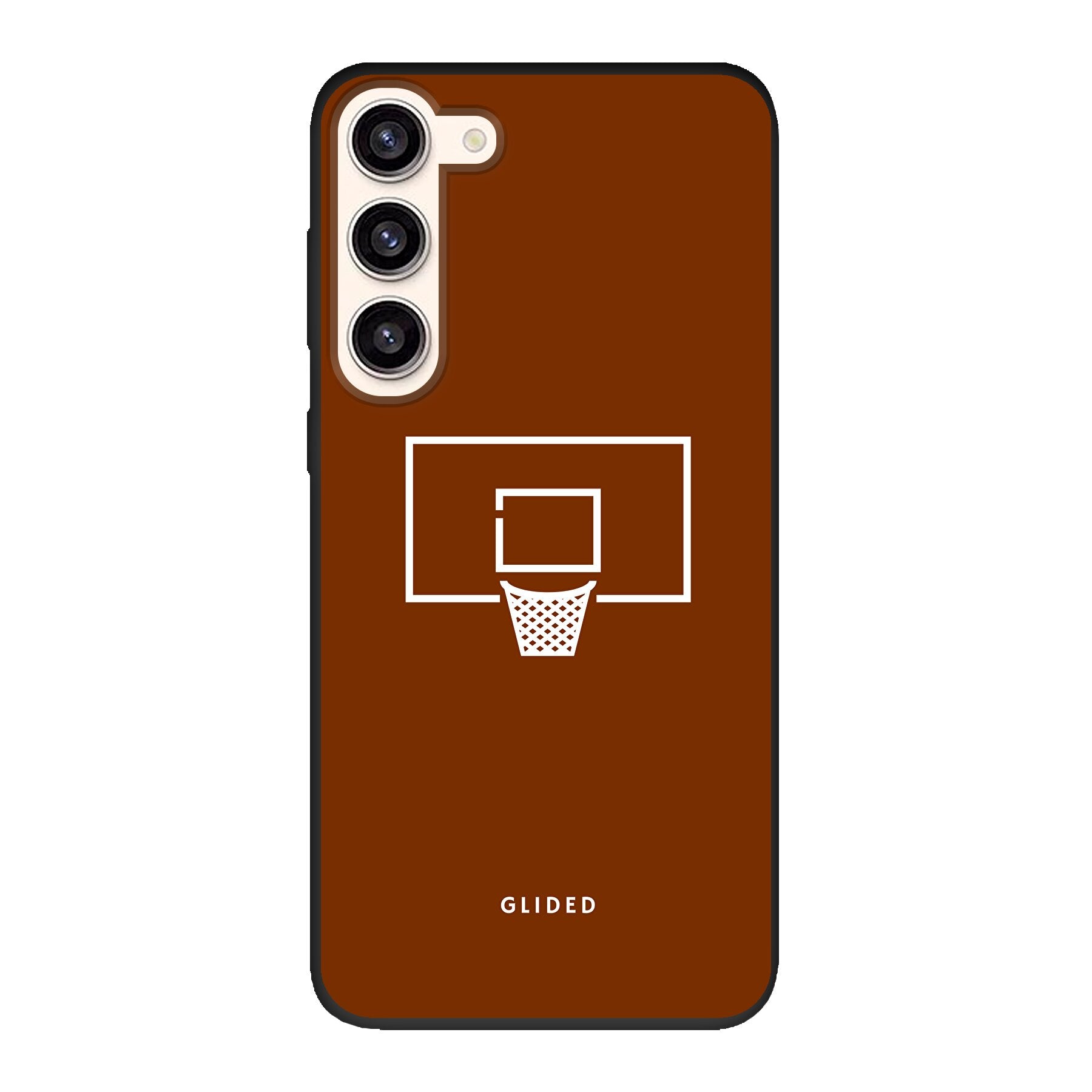Basket Blaze Handyhülle für Samsung Galaxy S23 Plus mit lebendigem Basketballnetz-Design auf orangefarbenem Hintergrund.