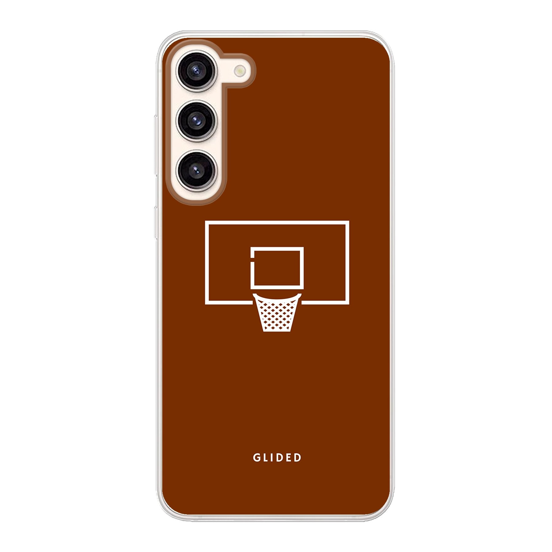 Basket Blaze Handyhülle für Samsung Galaxy S23 Plus mit lebendigem Basketballnetz-Design auf orangefarbenem Hintergrund.