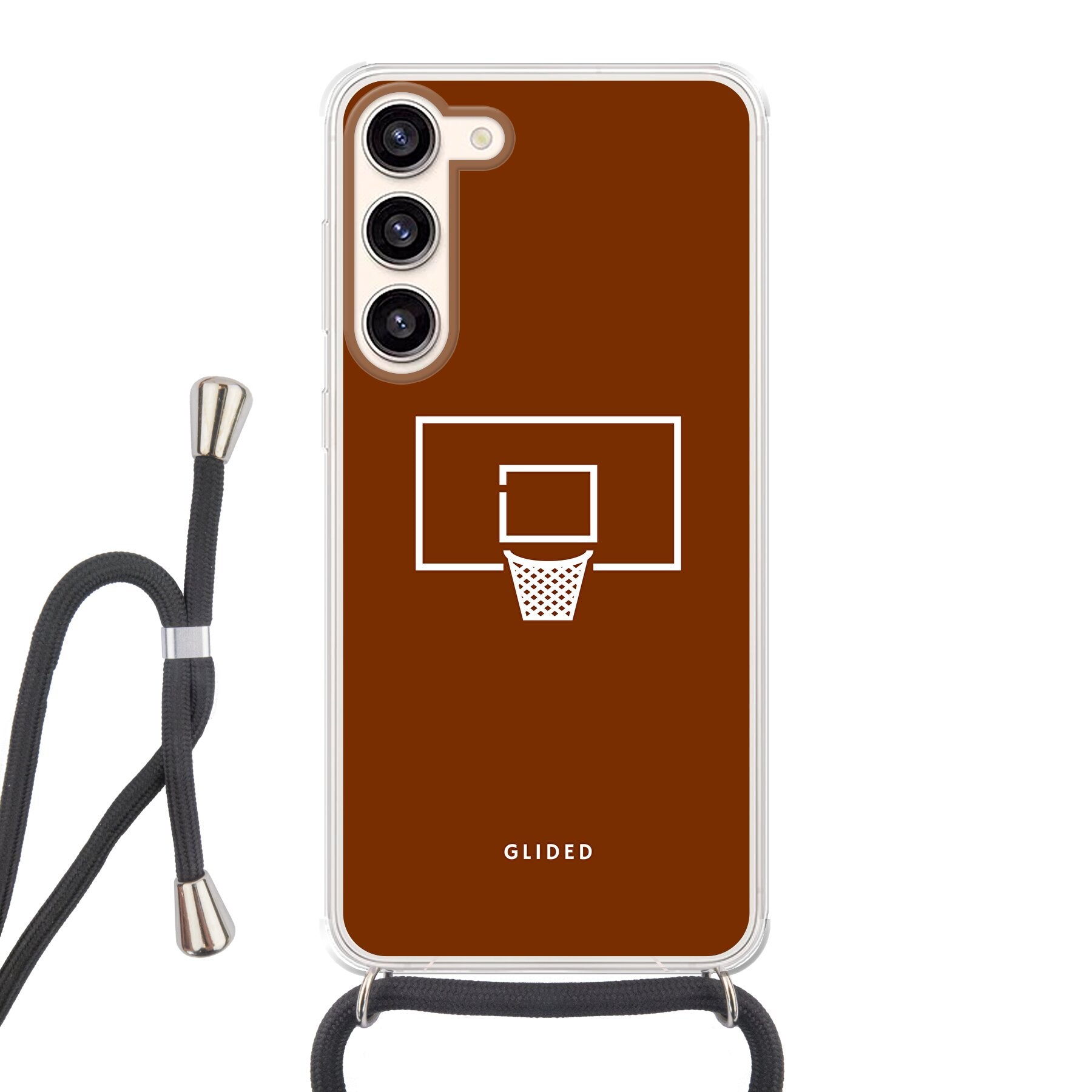 Basket Blaze Handyhülle für Samsung Galaxy S23 Plus mit lebendigem Basketballnetz-Design auf orangefarbenem Hintergrund.