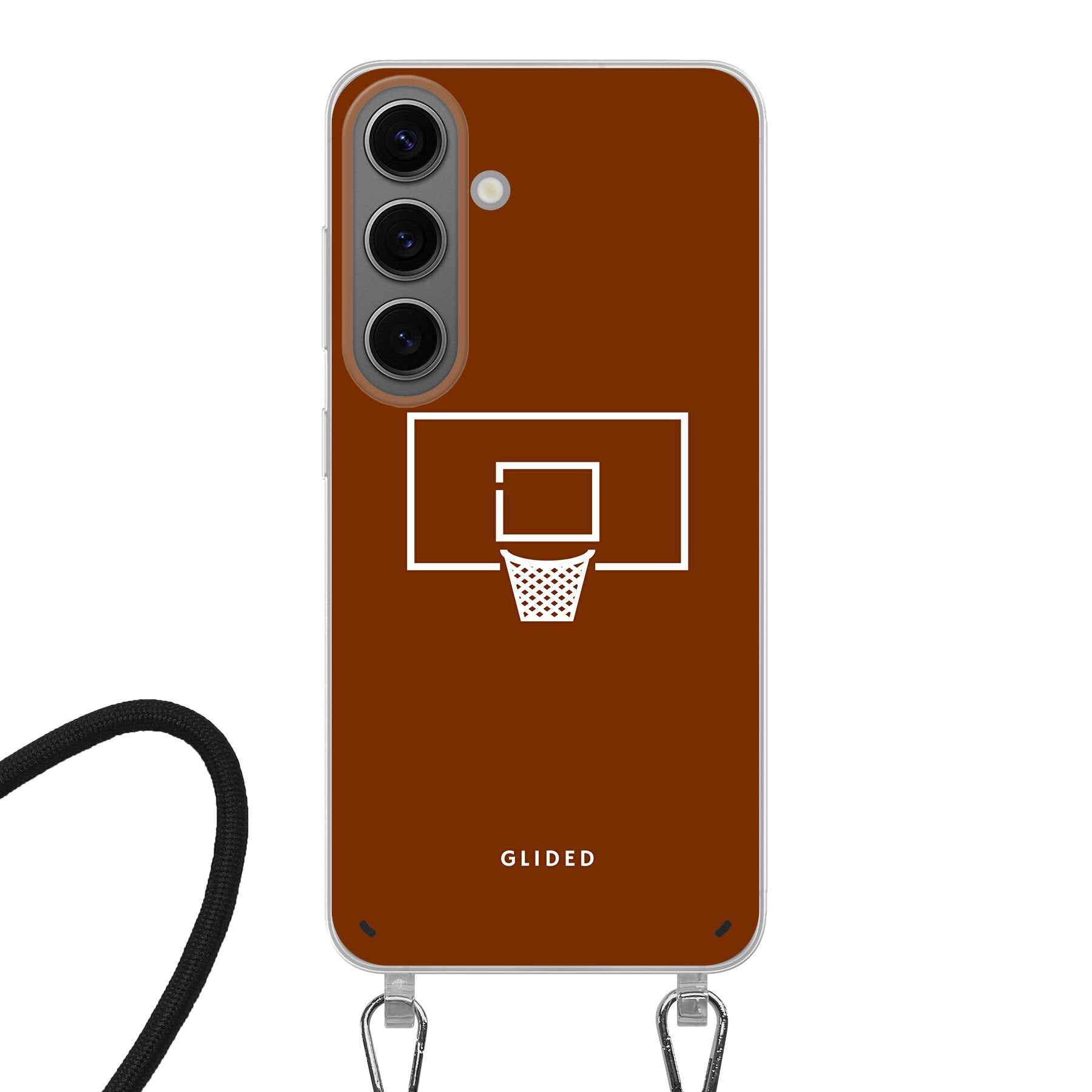 Basket Blaze Handyhülle für Samsung Galaxy S24 mit lebendigem Basketballnetz auf orangefarbenem Hintergrund.