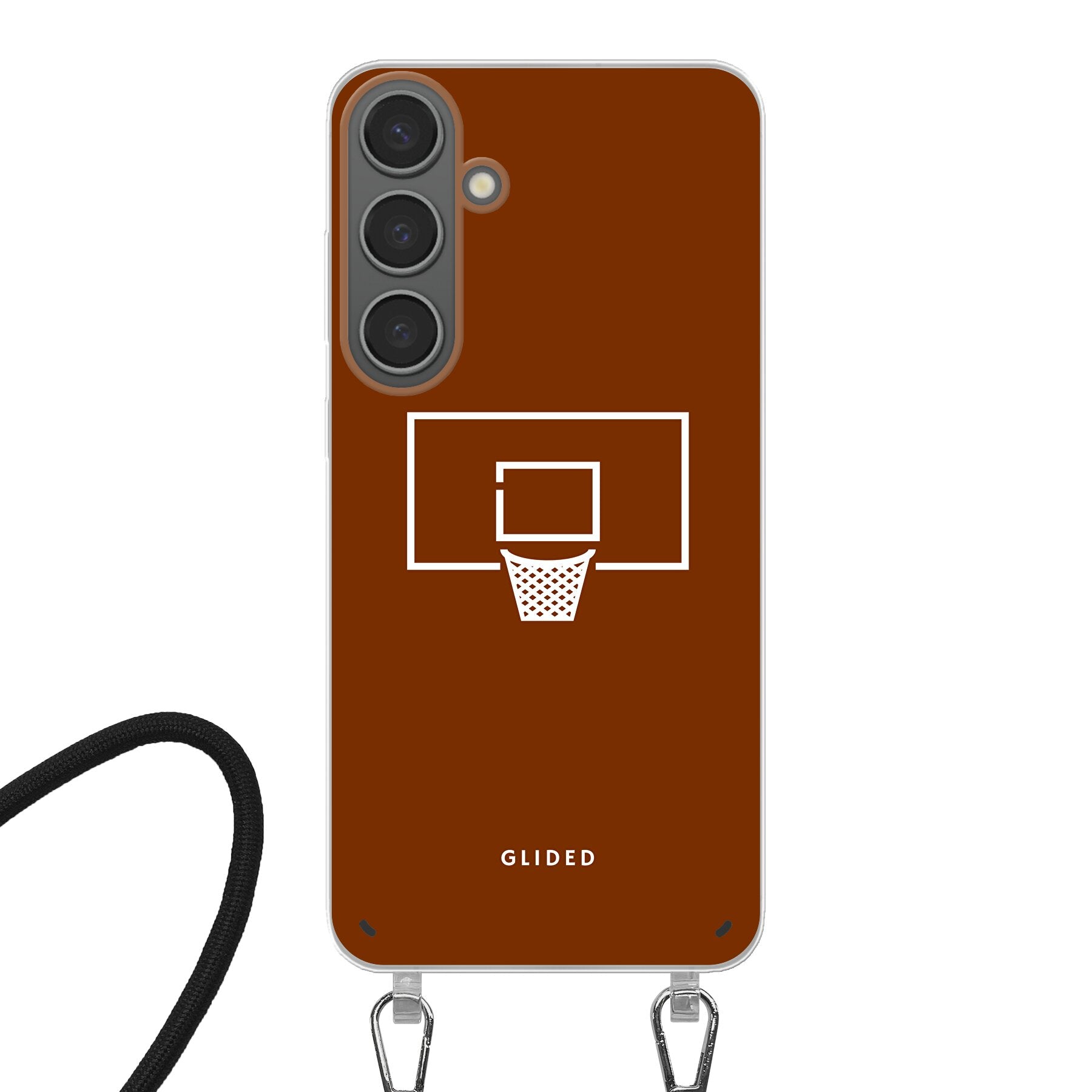 Basket Blaze Handyhülle für Samsung Galaxy S24 Plus mit lebendigem Basketballnetz auf orangefarbenem Hintergrund.