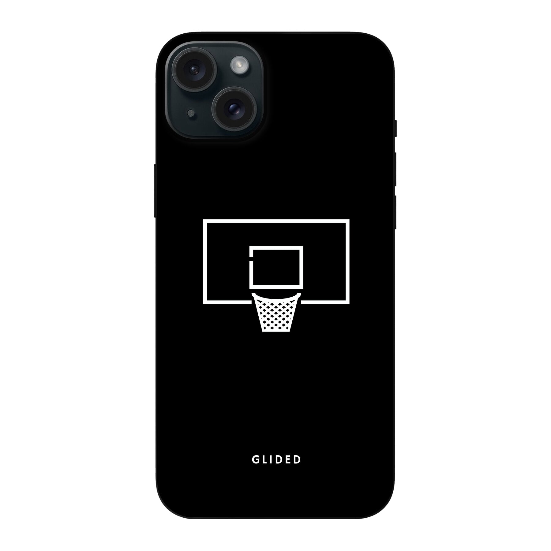 Basketball Fun Handyhülle für iPhone 15 Plus mit lebendigem Basketballnetz-Design auf dunklem Hintergrund.
