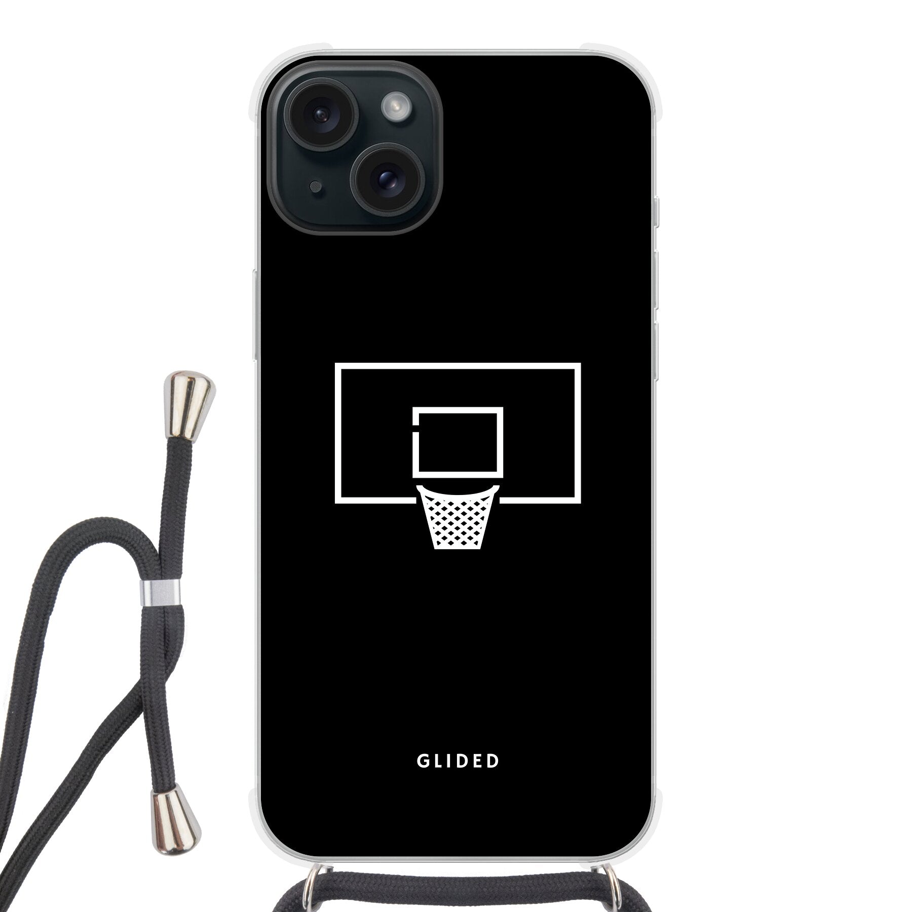 Basketball Fun Handyhülle für iPhone 15 Plus mit lebendigem Basketballnetz-Design auf dunklem Hintergrund.