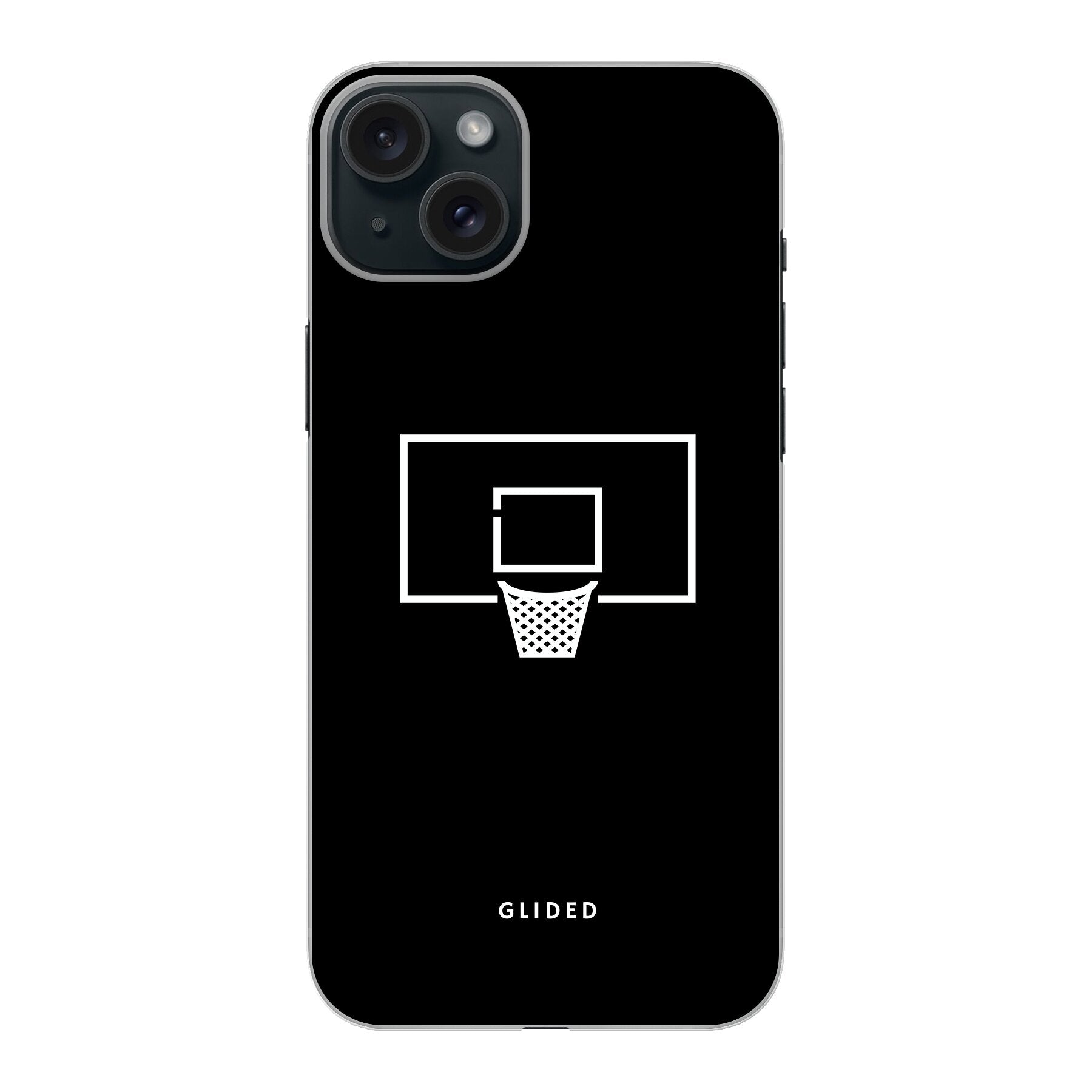 Basketball Fun Handyhülle für iPhone 15 Plus mit lebendigem Basketballnetz-Design auf dunklem Hintergrund.