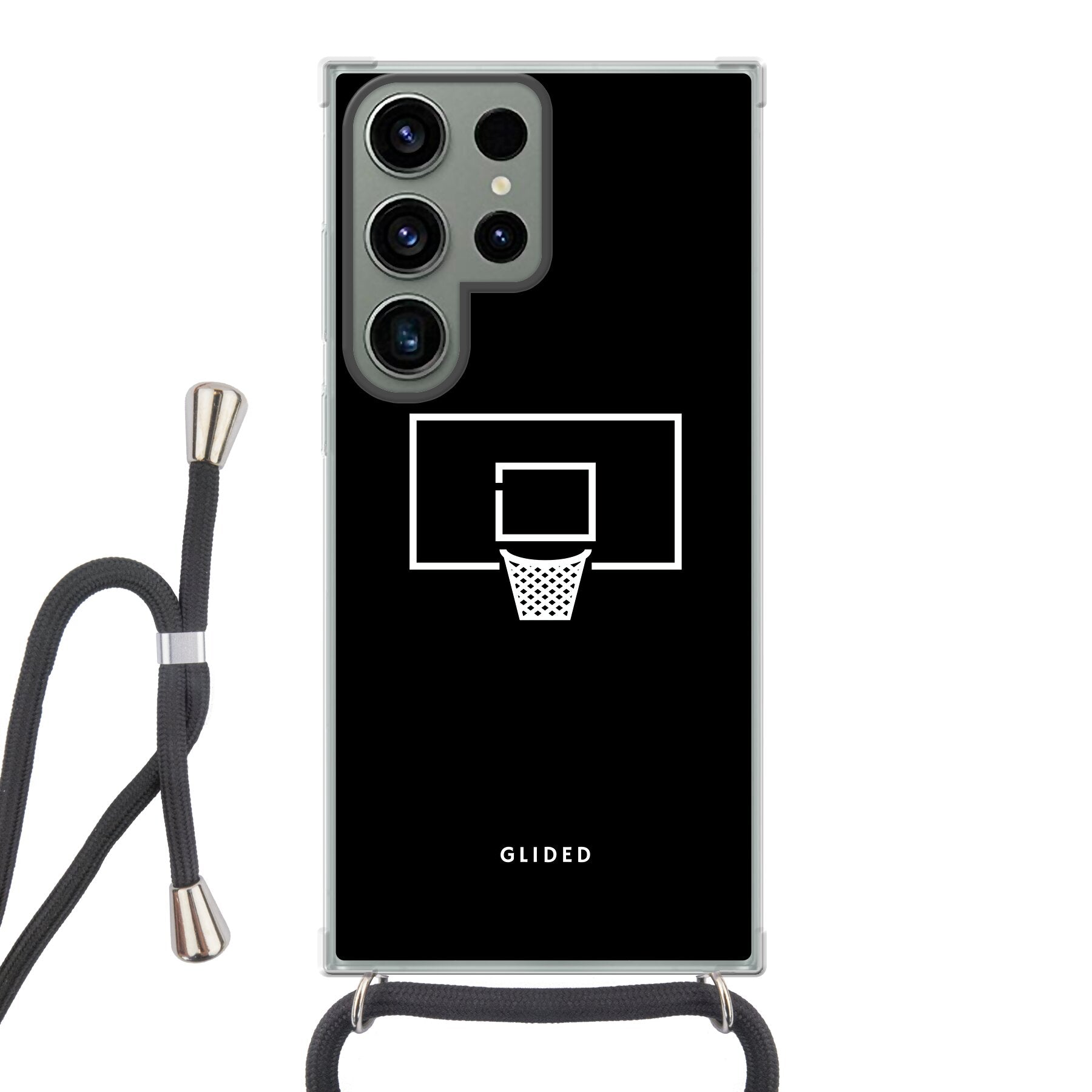 Basketball Fun Handyhülle für Samsung Galaxy S23 Ultra mit lebendigem Basketballnetz-Design auf dunklem Hintergrund.