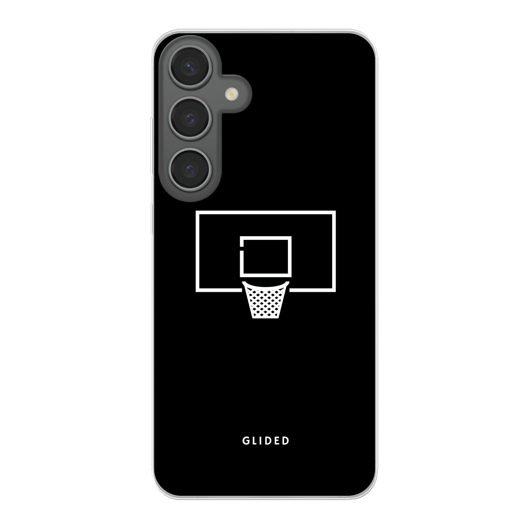 Samsung Galaxy S24 Plus Handyhülle mit lebendigem Basketballnetz-Design auf dunklem Hintergrund.