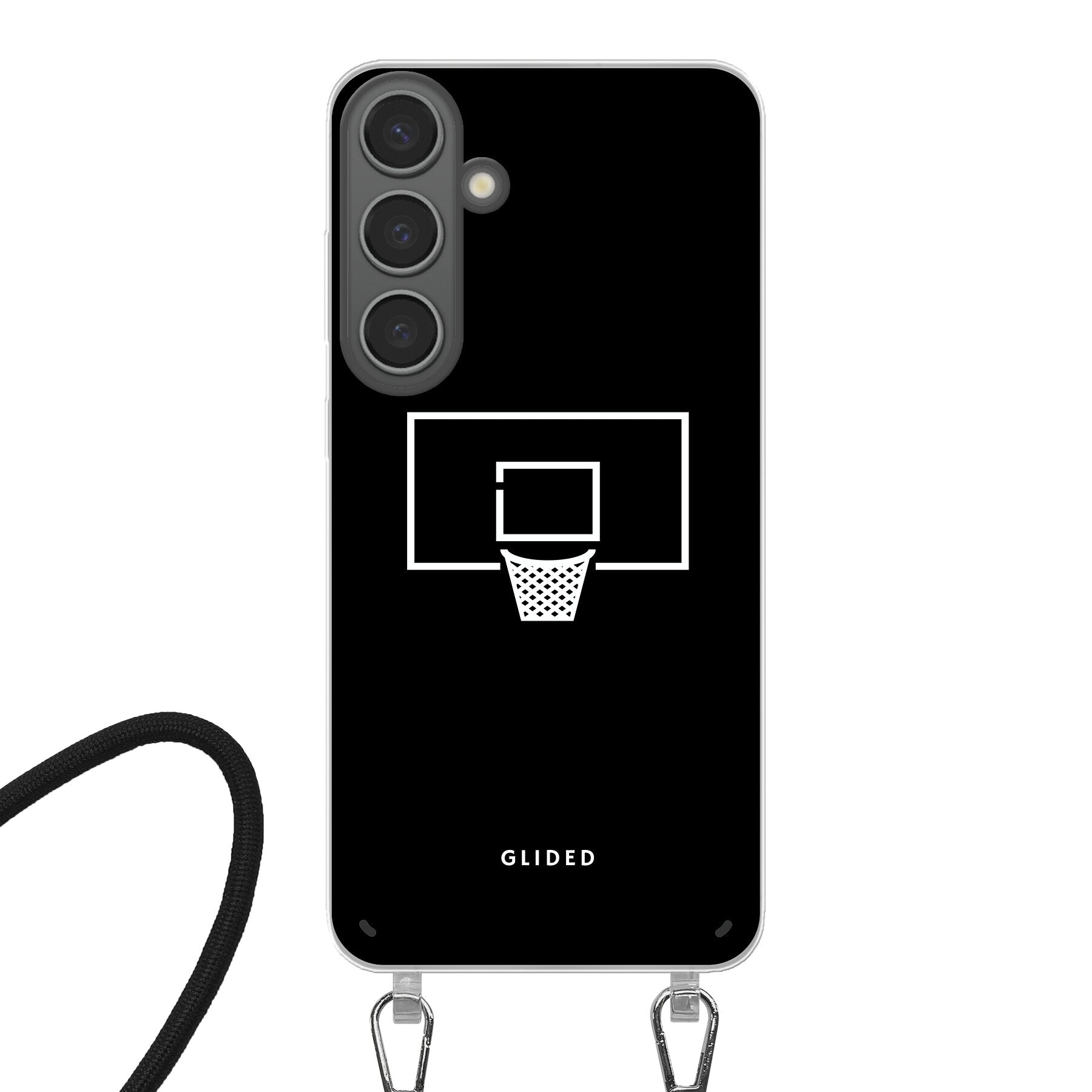 Samsung Galaxy S24 Plus Handyhülle mit lebendigem Basketballnetz-Design auf dunklem Hintergrund.