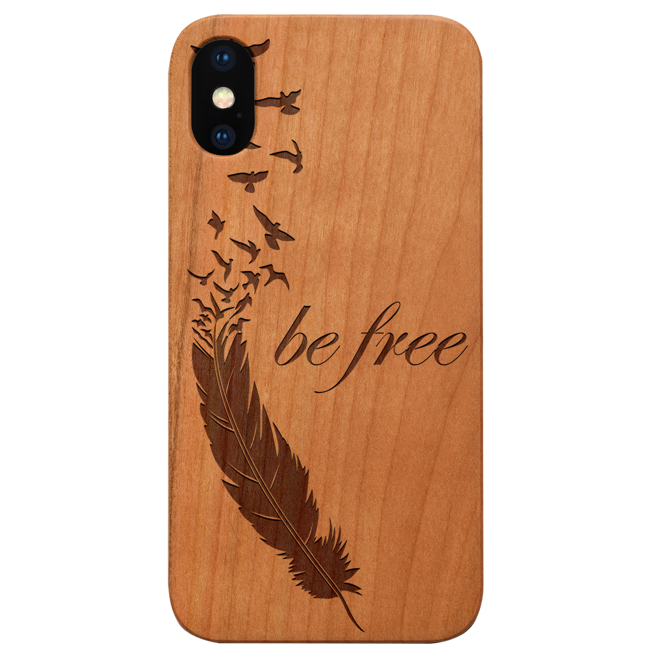Be Free 1 - Engraved wooden phone case showcasing unique laser-engraved design and durable construction.