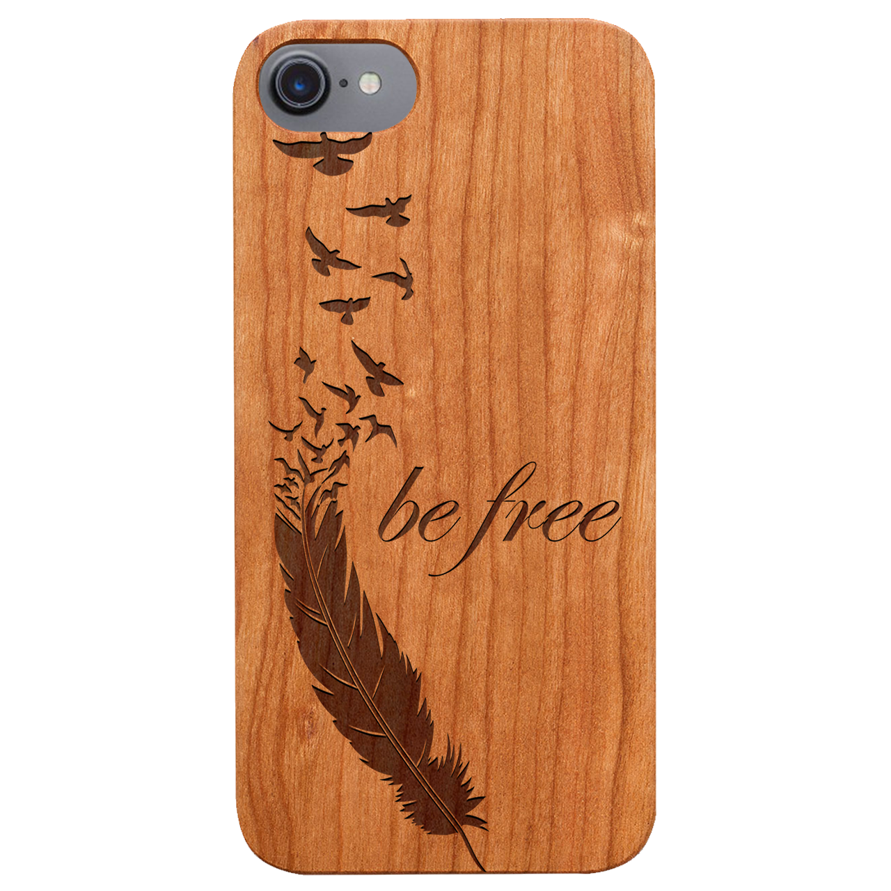 Be Free 1 - Engraved wooden phone case showcasing unique laser-engraved design and durable construction.