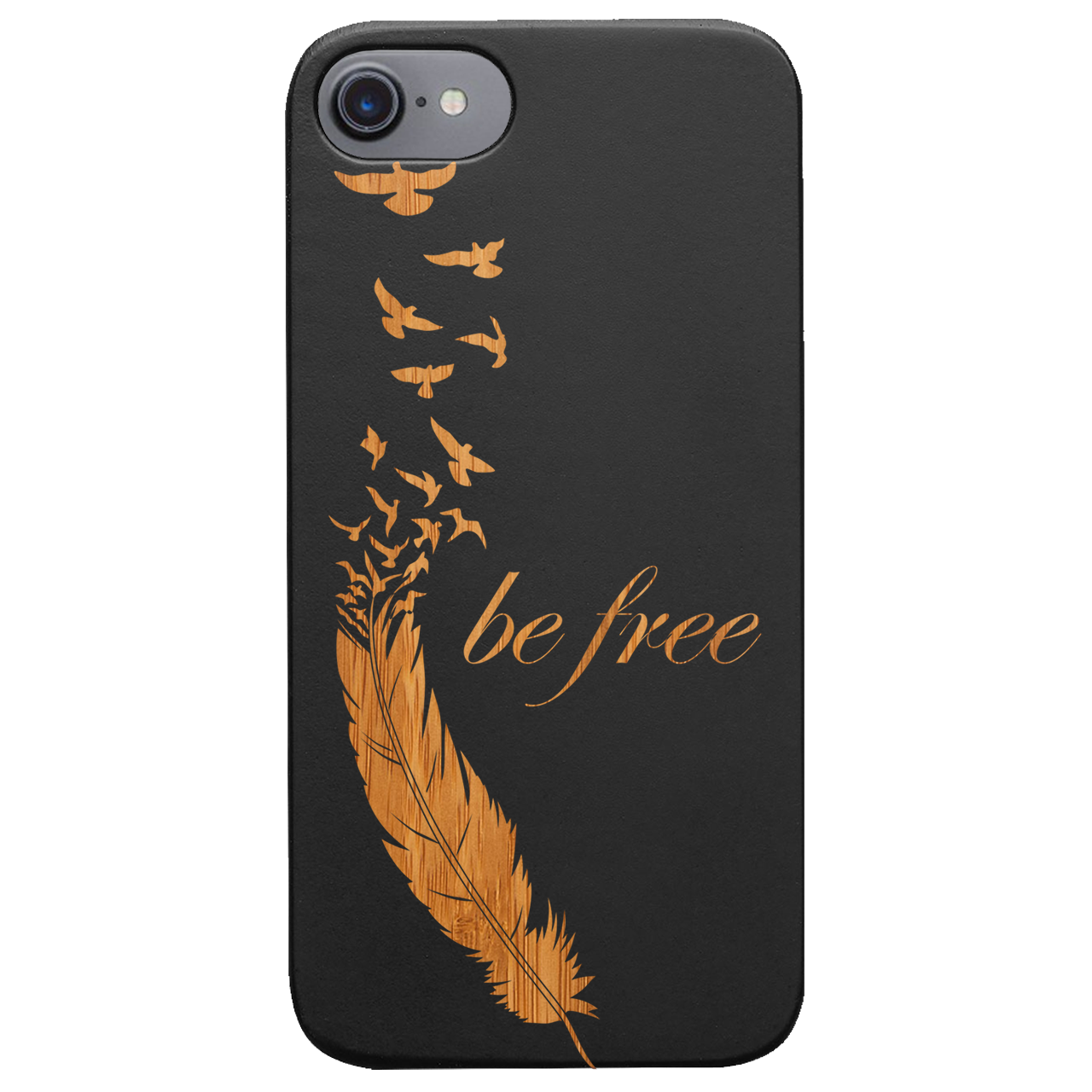 Be Free 1 - Engraved wooden phone case showcasing unique laser-engraved design and durable construction.