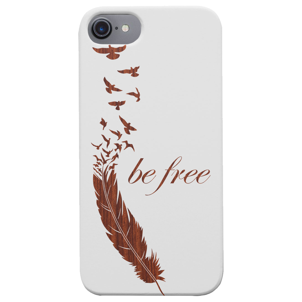 Be Free 1 - Engraved wooden phone case showcasing unique laser-engraved design and durable construction.