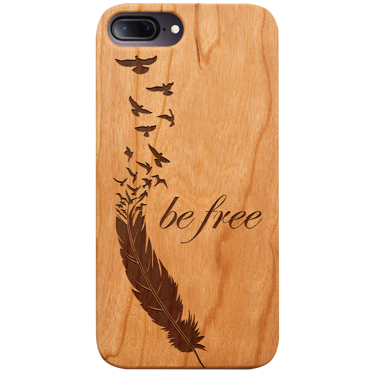 Be Free 1 - Engraved wooden phone case showcasing unique laser-engraved design and durable construction.