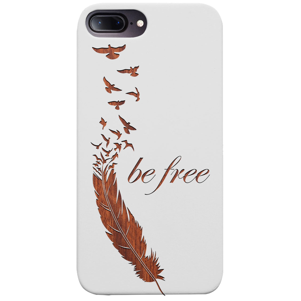 Be Free 1 - Engraved wooden phone case showcasing unique laser-engraved design and durable construction.