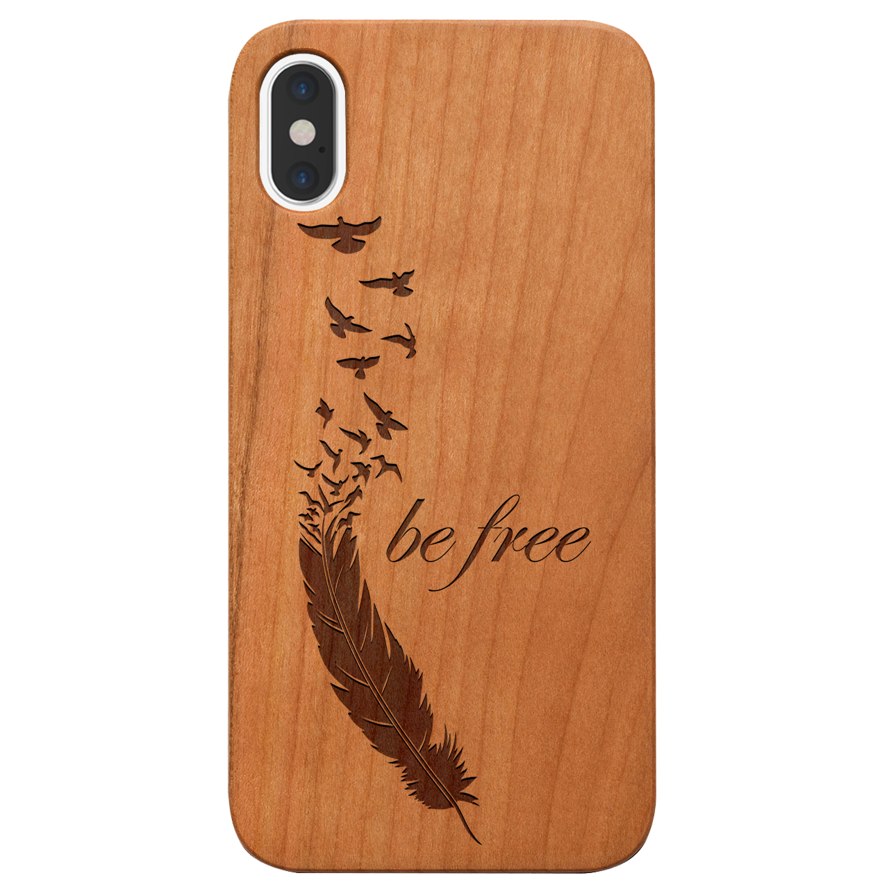 Be Free 1 - Engraved wooden phone case showcasing unique laser-engraved design and durable construction.
