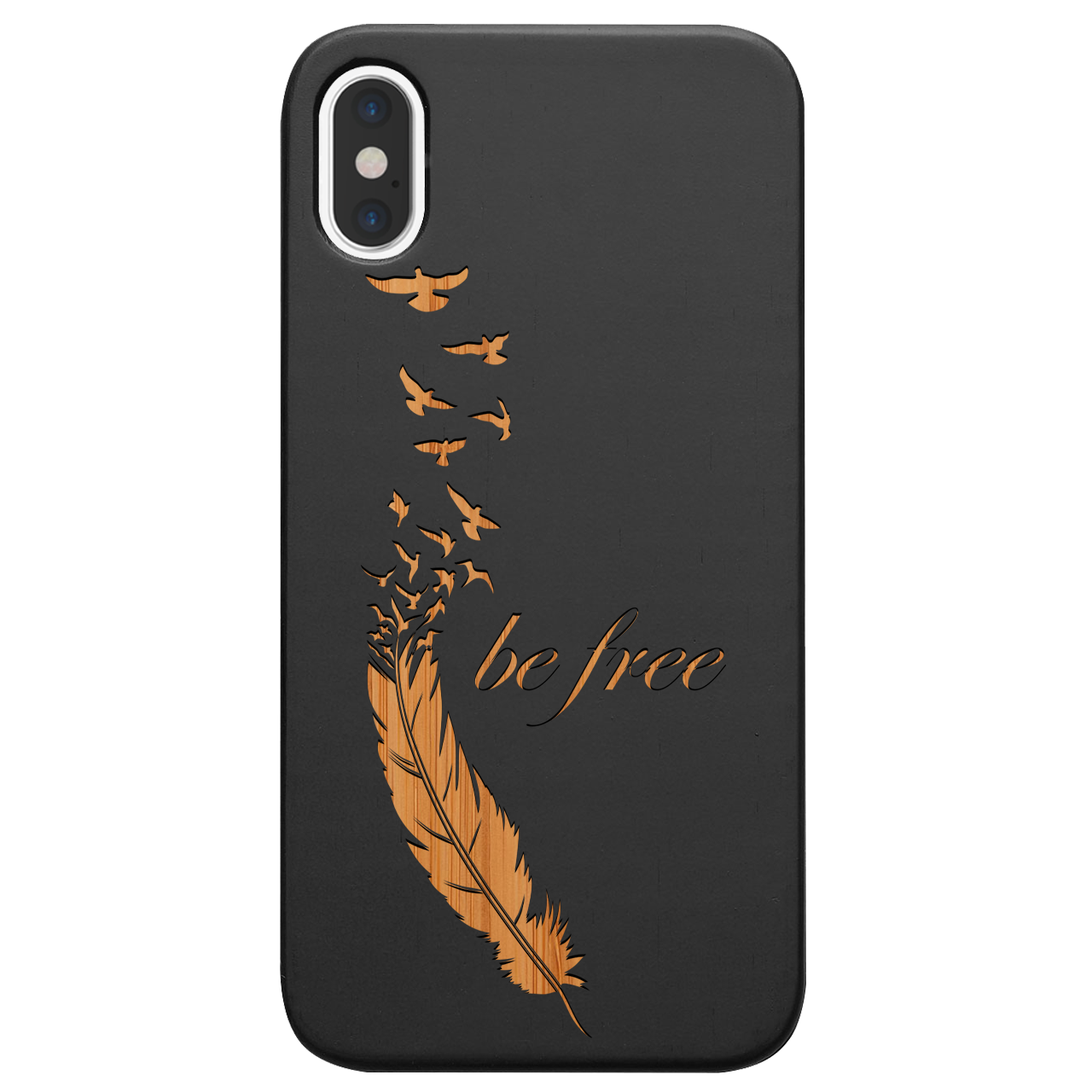 Be Free 1 - Engraved wooden phone case showcasing unique laser-engraved design and durable construction.