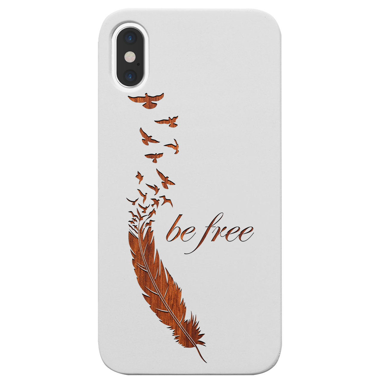 Be Free 1 - Engraved wooden phone case showcasing unique laser-engraved design and durable construction.