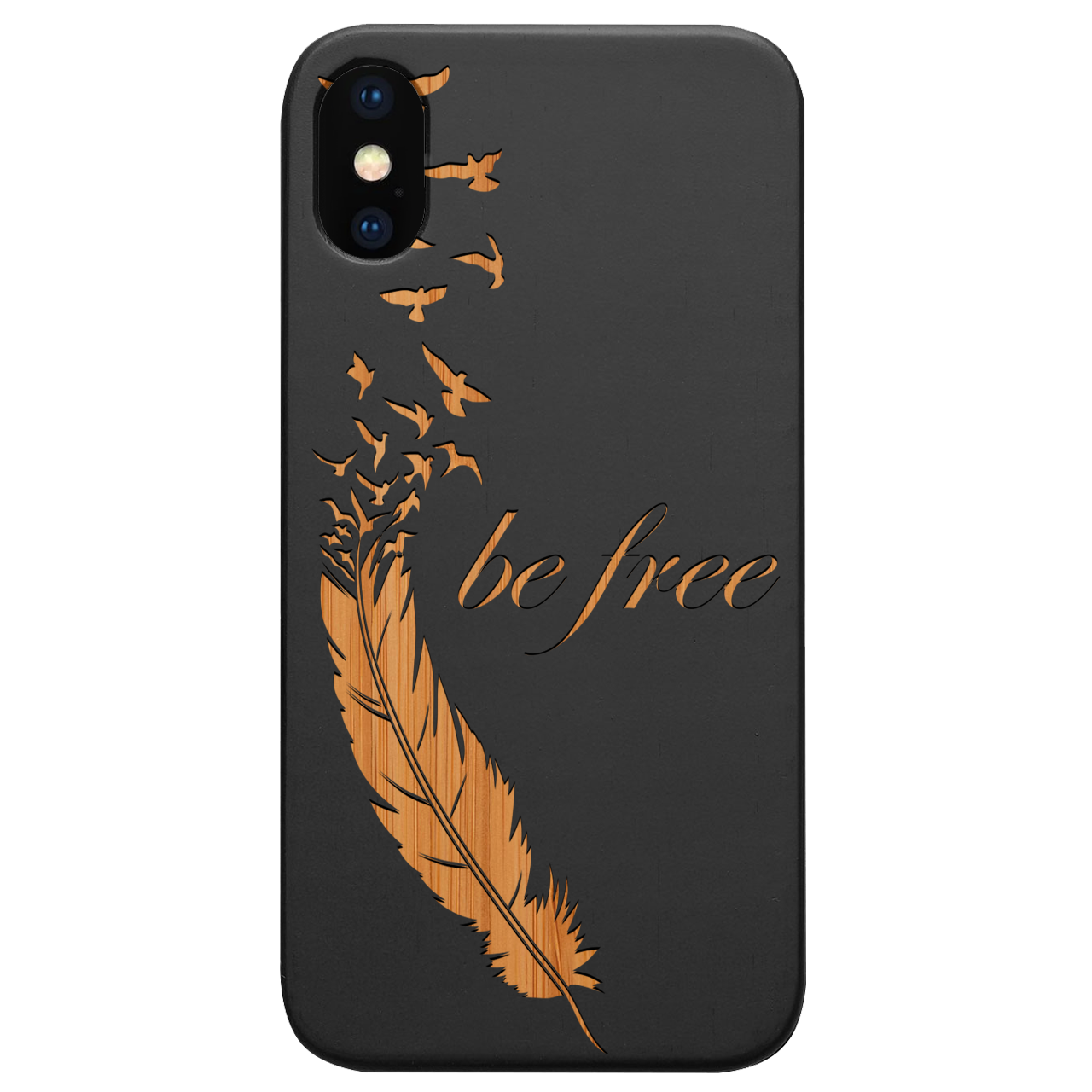 Be Free 1 - Engraved wooden phone case showcasing unique laser-engraved design and durable construction.