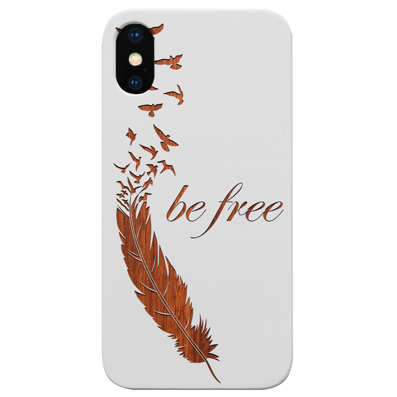 Be Free 1 - Engraved wooden phone case showcasing unique laser-engraved design and durable construction.