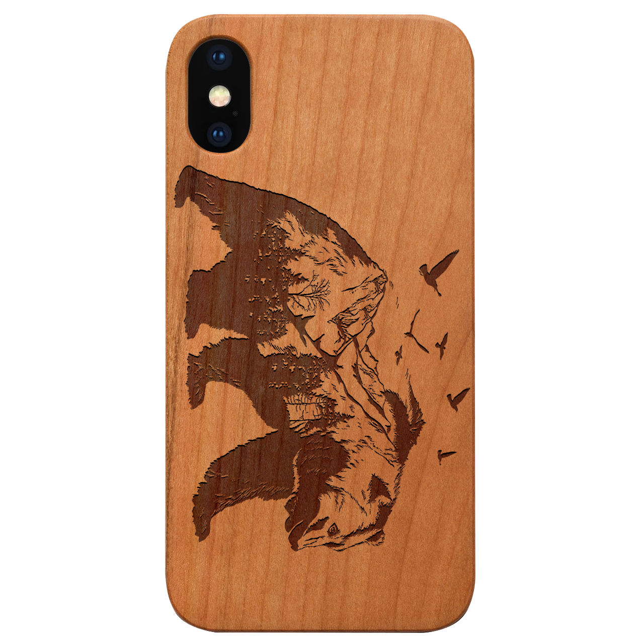 Bear Landscape 2 - Engraved wooden phone case showcasing intricate laser-engraved design on a natural wood surface.